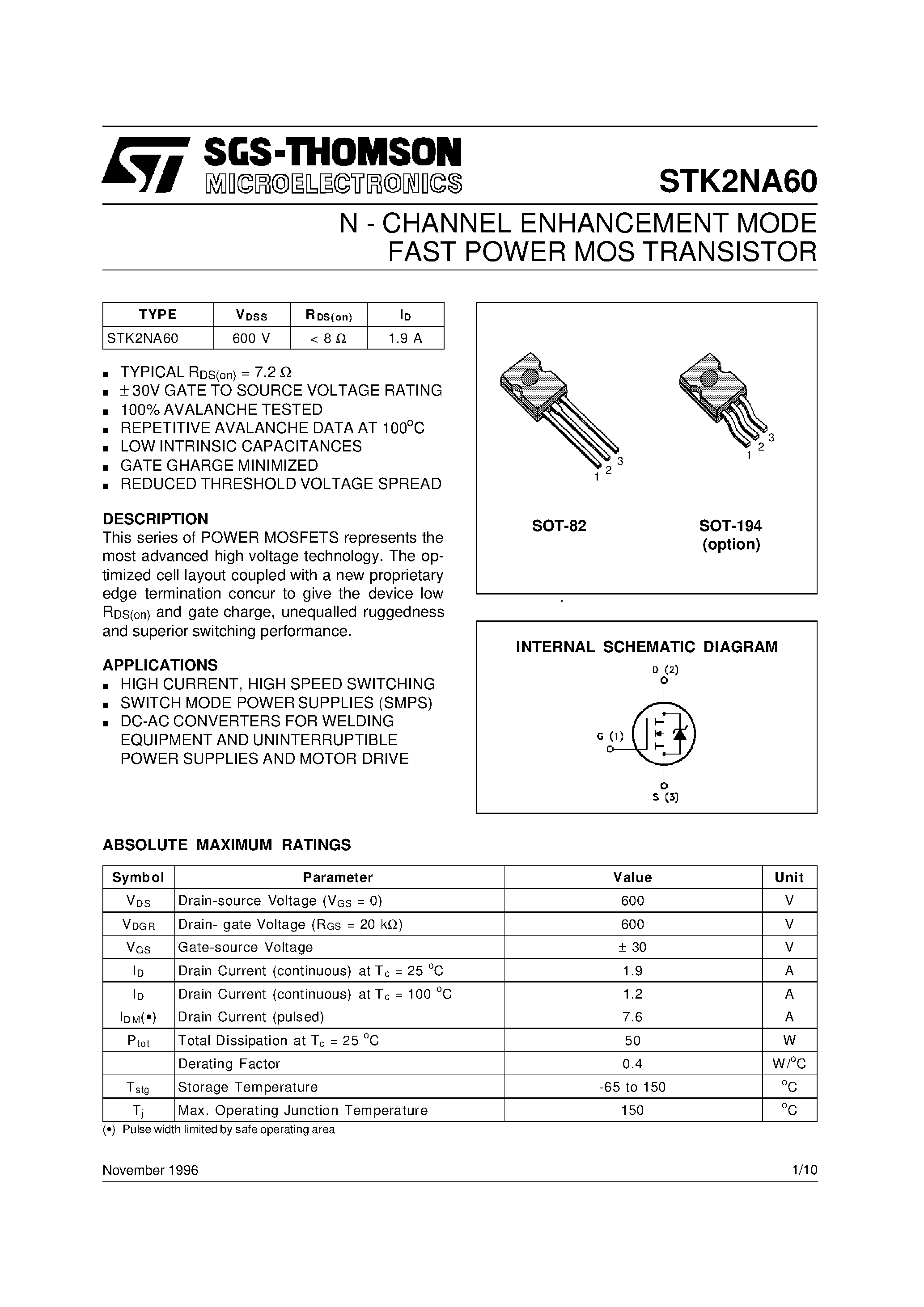 Даташит STK2NA60 - N - CHANNEL ENHANCEMENT MODE FAST POWER MOS TRANSISTOR страница 1