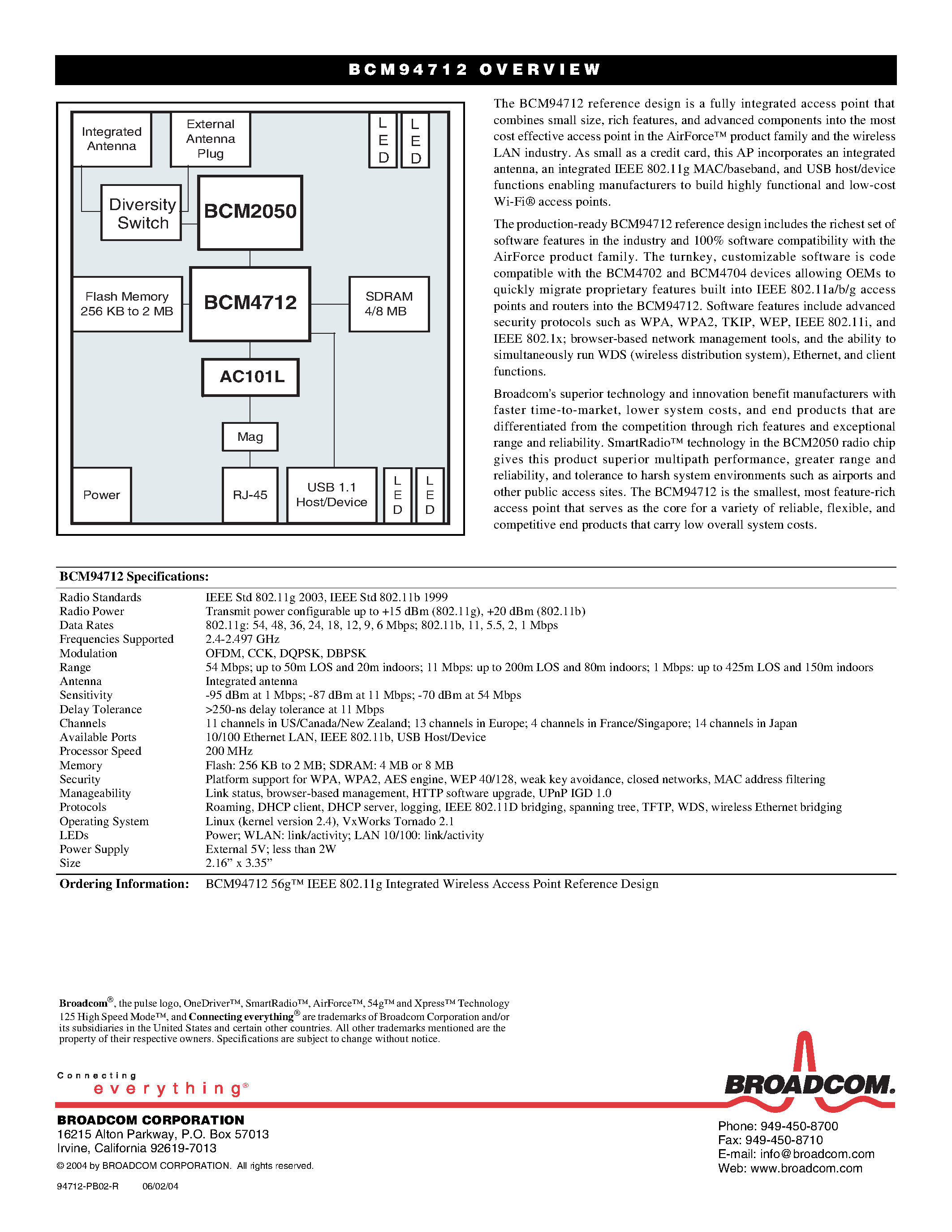 Datasheet BCM4712 - AIRFORCE INTERGRATED WIRELESS ACESS POINT page 2