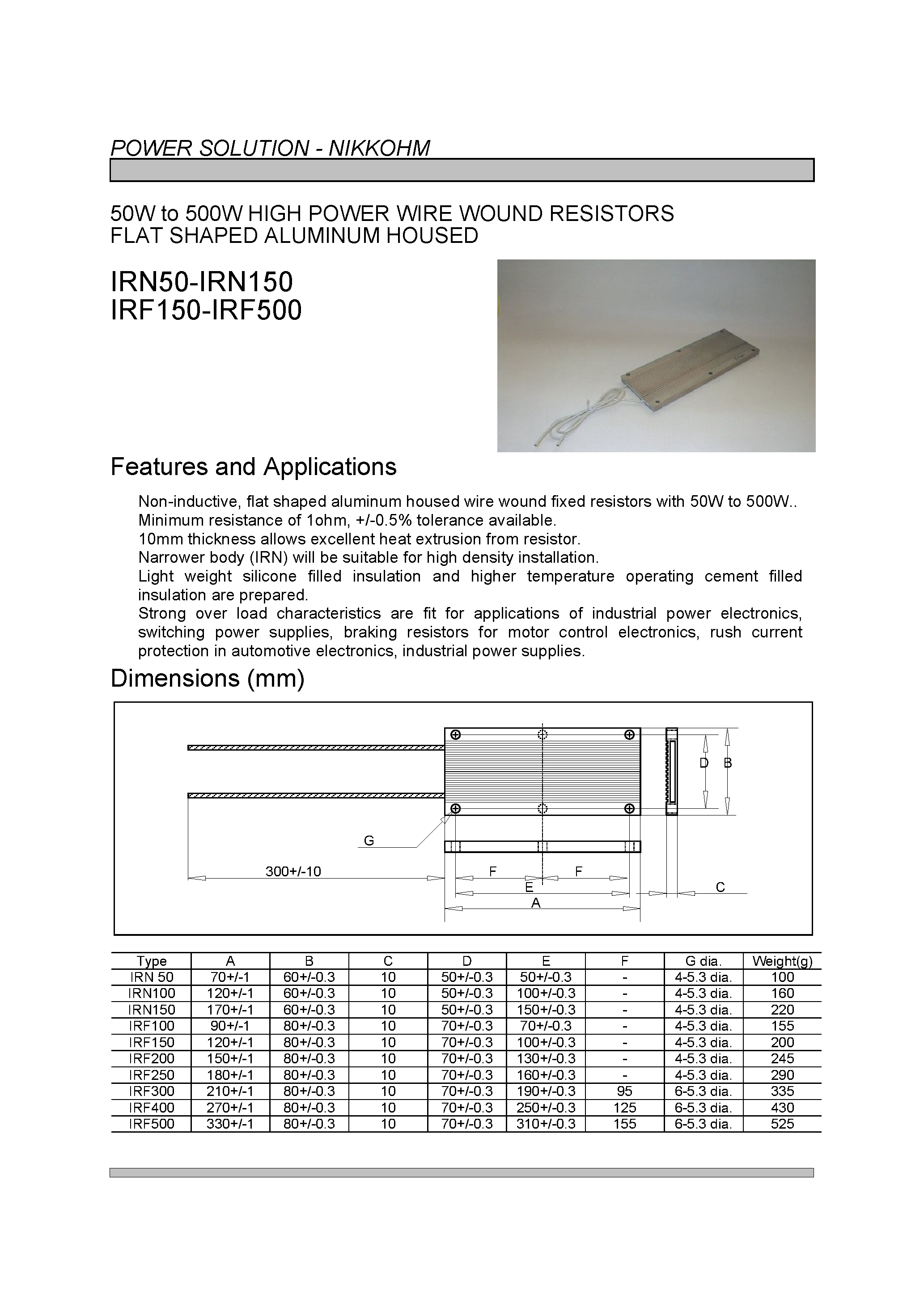 Datasheet IRF100 - (IRF150 - IRF500) 50W to 500W HIGH POWER WIRE WOUND RESISTORS FLAT SHAPED ALUMINUM HOUSED page 1