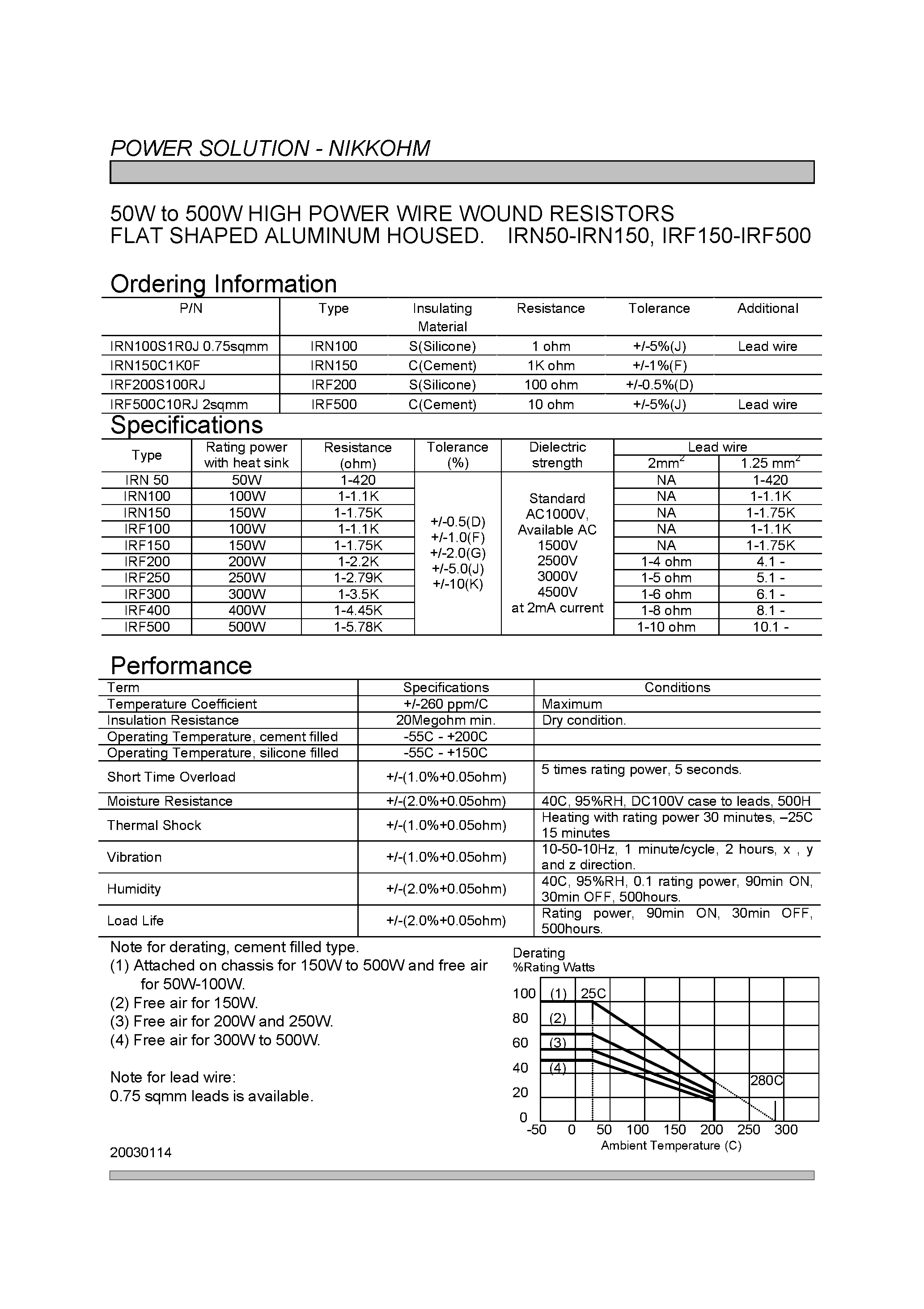 Datasheet IRF100 - (IRF150 - IRF500) 50W to 500W HIGH POWER WIRE WOUND RESISTORS FLAT SHAPED ALUMINUM HOUSED page 2