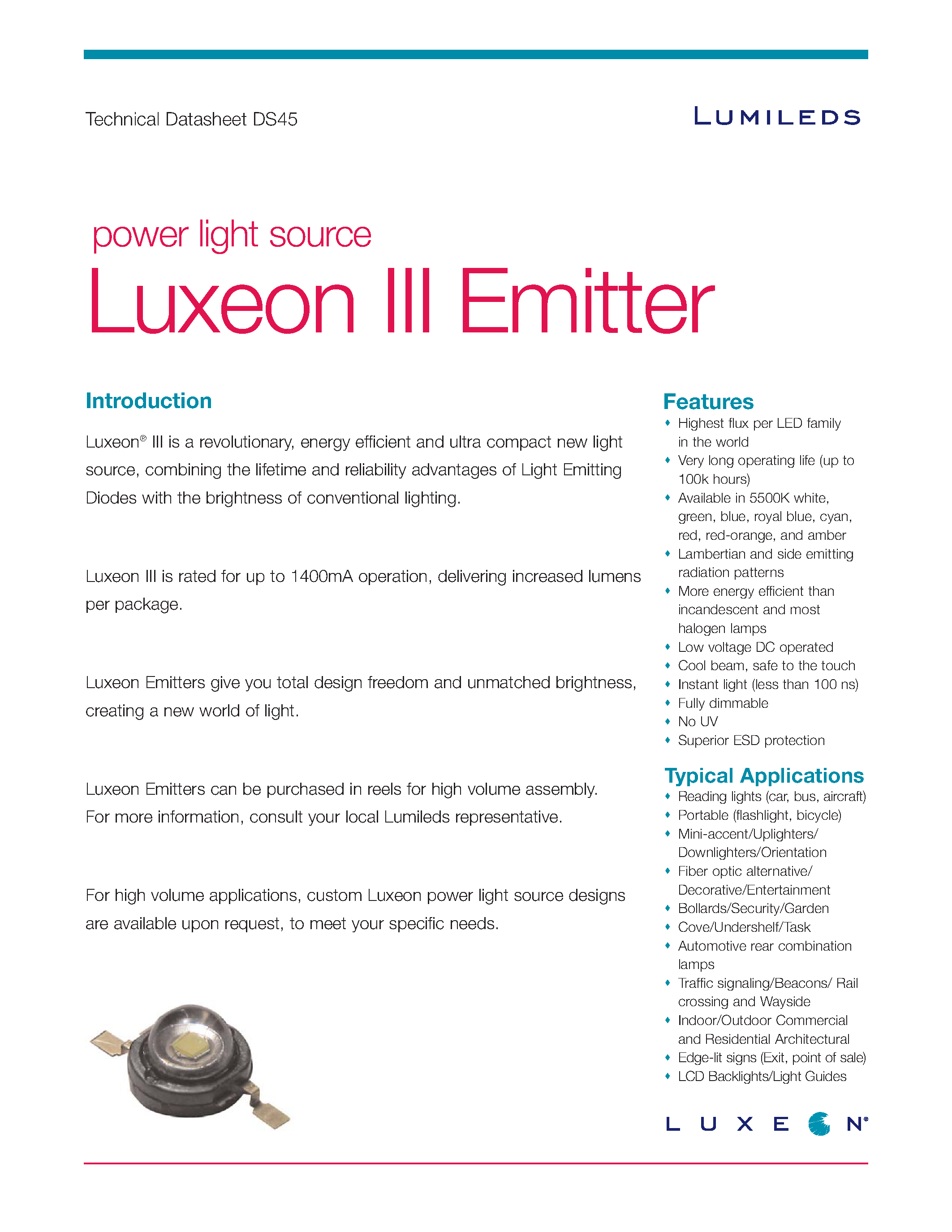 Даташит LXHL-DB09 - (LXHL-xxxx) Combining the lifetime and reliability Advantages of Light Emitting Diodes страница 1