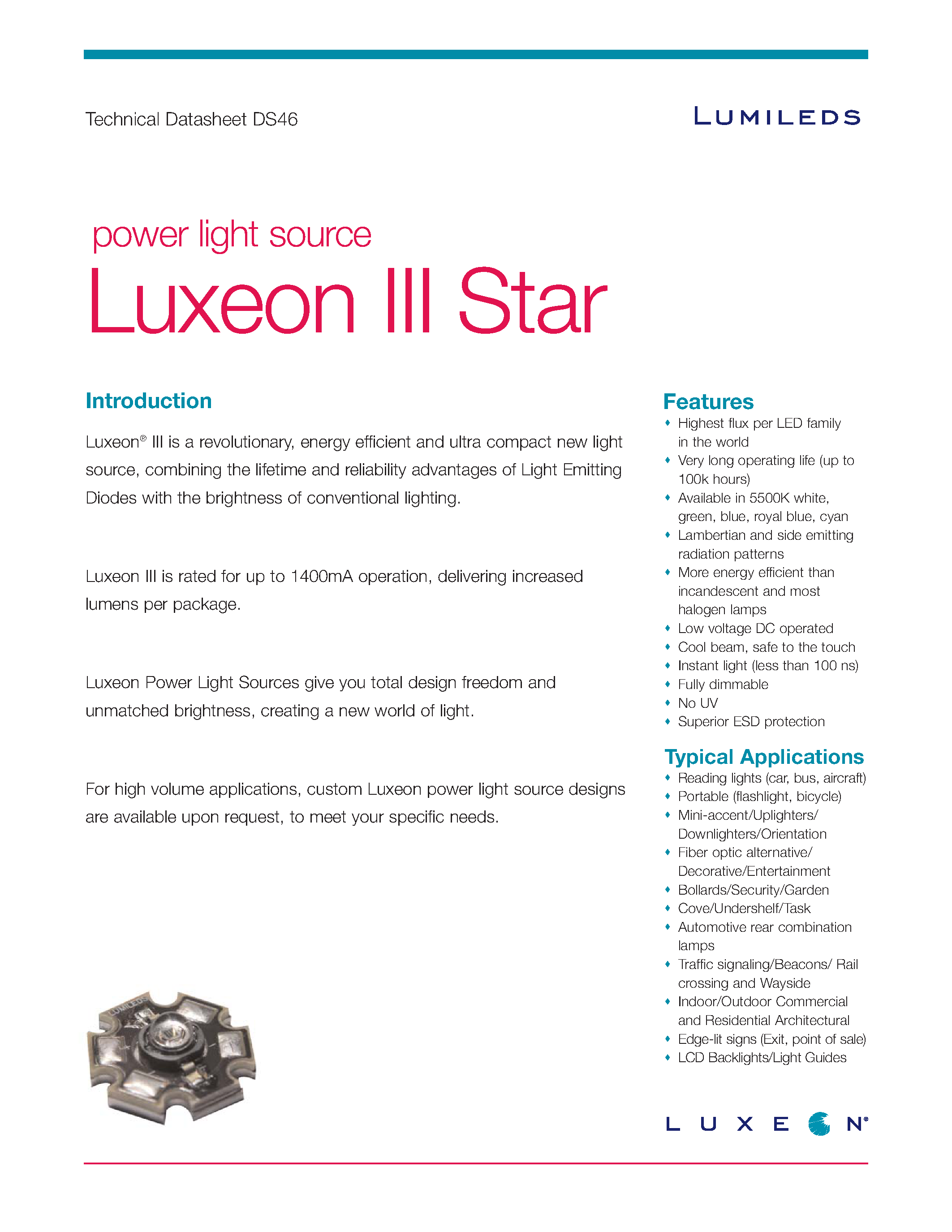 Datasheet LXHL-FB3C - (LXHL-xxxx) Luxeon III Star page 1