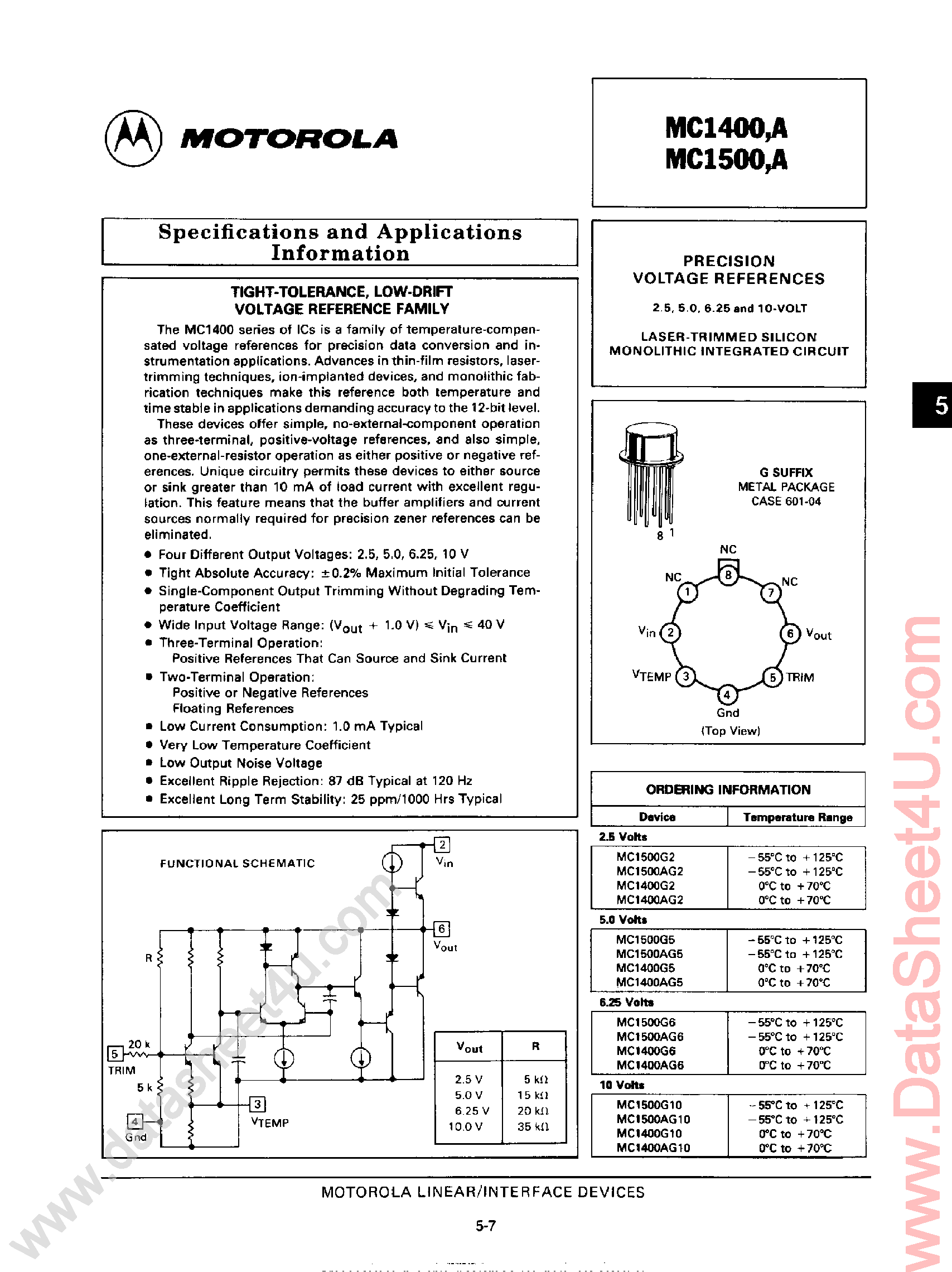 Даташит MC1400 - (MC1500 / MC1400) Laser Trimmed Silicon Monolithic Integrated Circuit страница 1