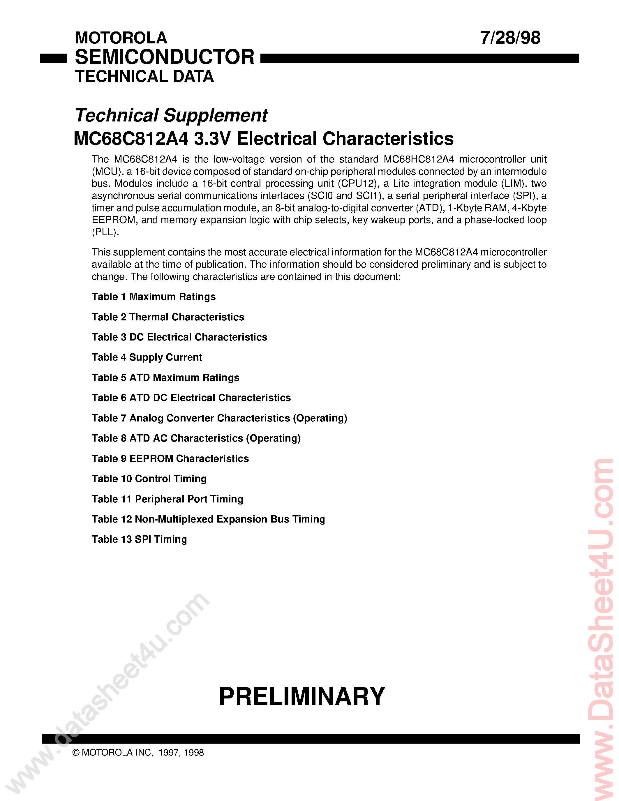Datasheet XC68HC812A4 - Technical Suppliment Document Covering The 3 V Version of The 812A4 page 1