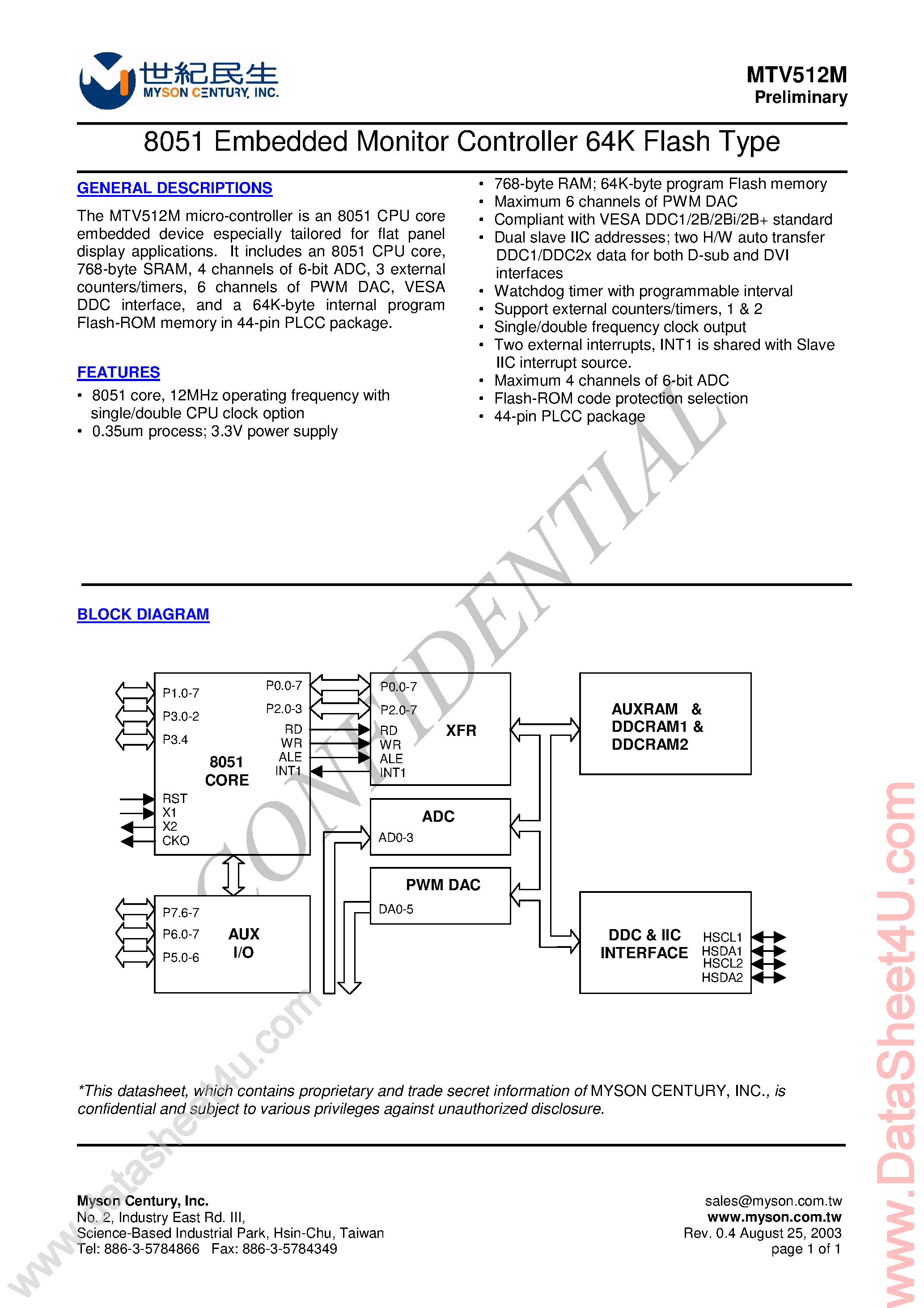 Datasheet MTV512M - 8051 Embedded Monitor Controller 64K Falsh Type page 1