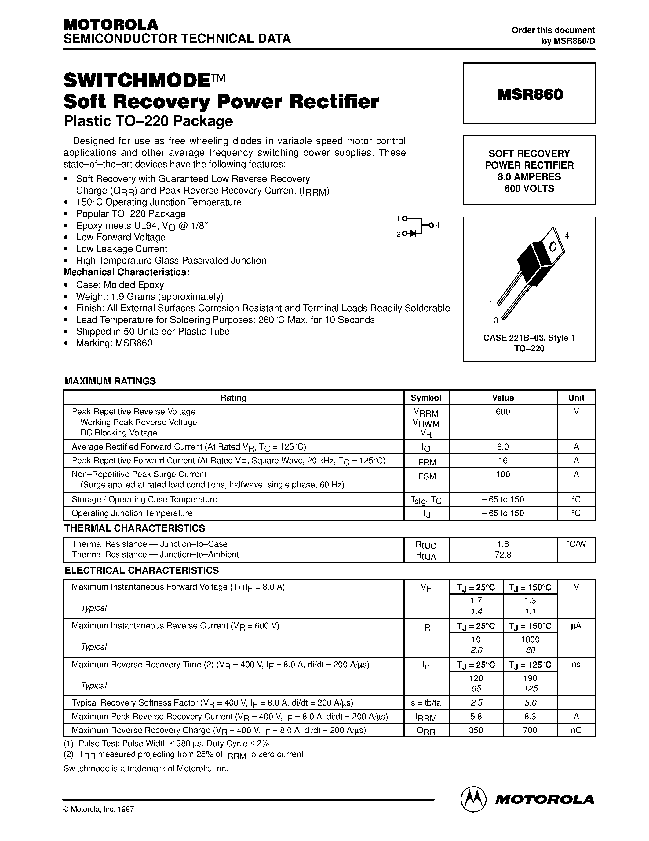 Datasheet MSR860 - SOFT RECOVERY POWER RECTIFIER 8.0 AMPERES 600 VOLTS page 1
