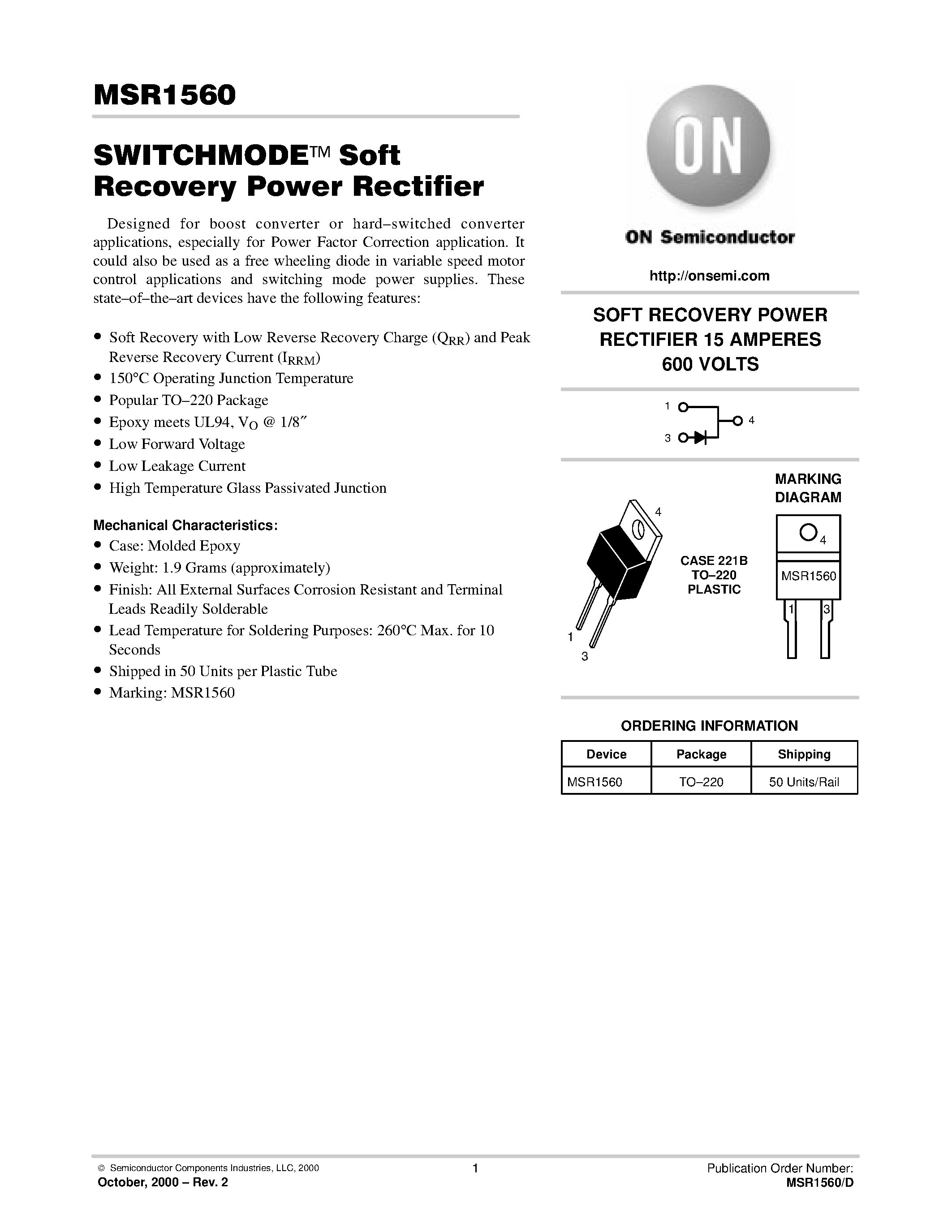 Datasheet MSR1560 - SWITCHMODE Soft Recovery Power Rectifier page 1