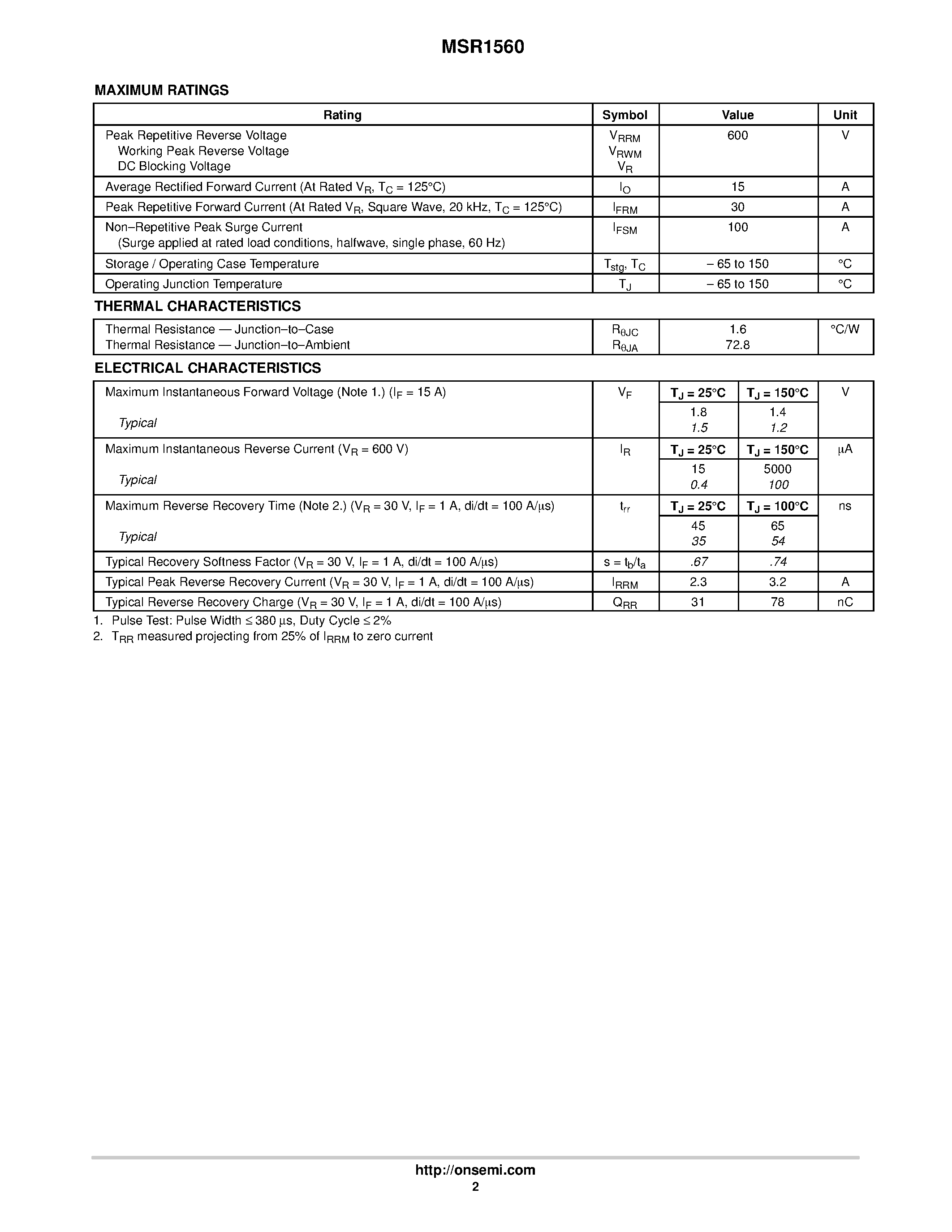 Datasheet MSR1560 - SWITCHMODE Soft Recovery Power Rectifier page 2