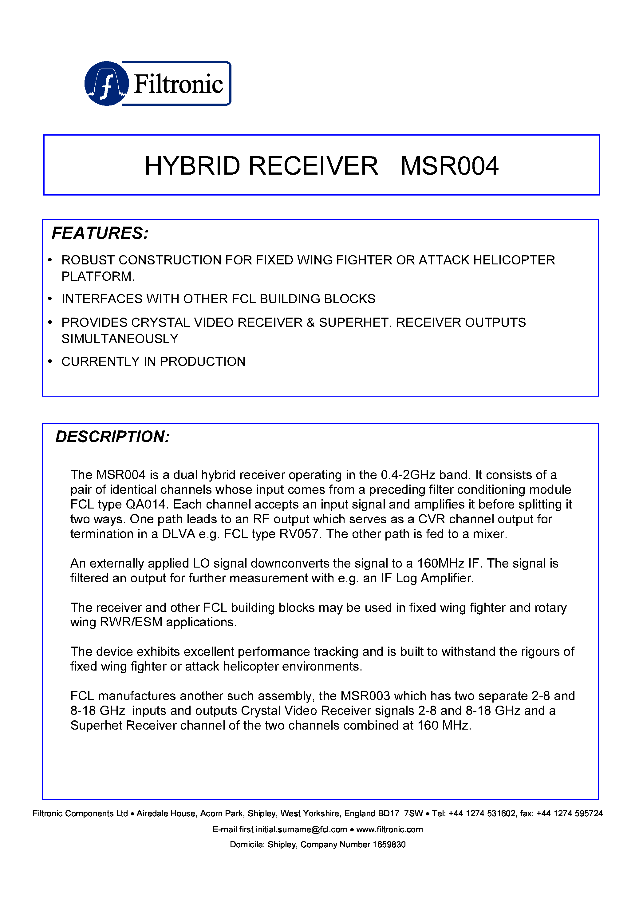 Datasheet MSR004 - HYBRID RECEIVER page 1