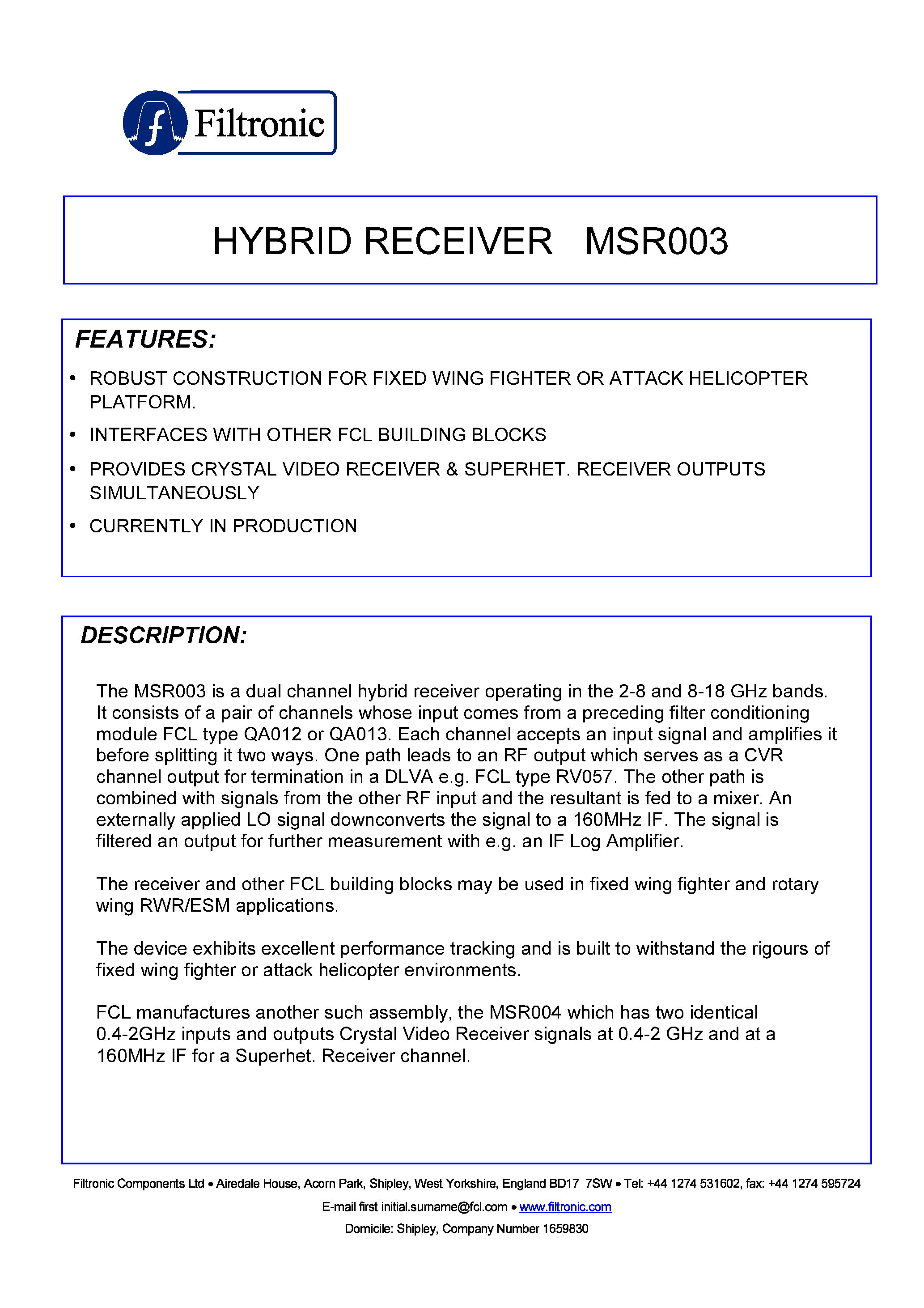 Datasheet MSR003 - HYBRID RECEIVER page 1