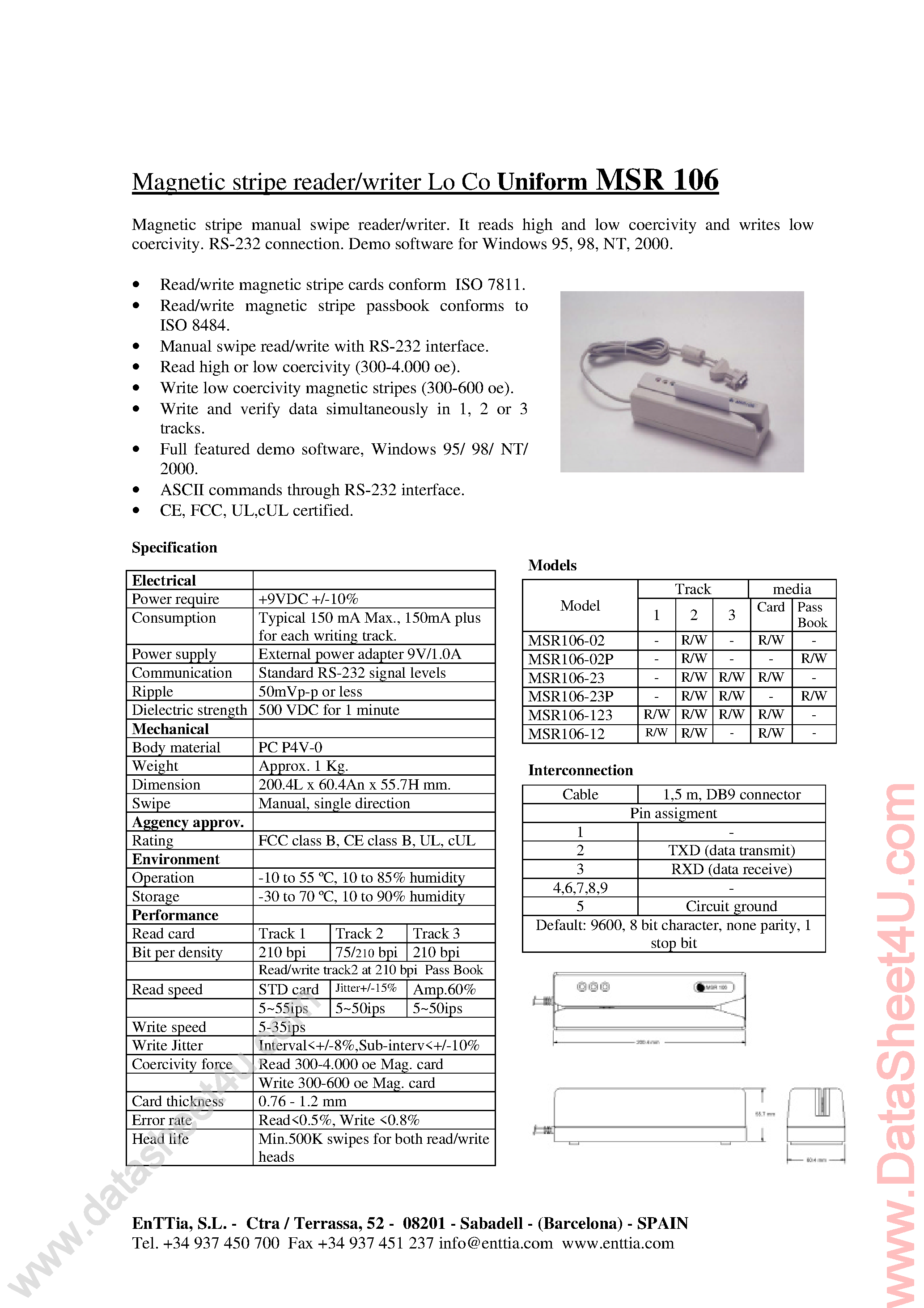 Datasheet MSR106 - Magnetic Stripe Reader/Write page 1