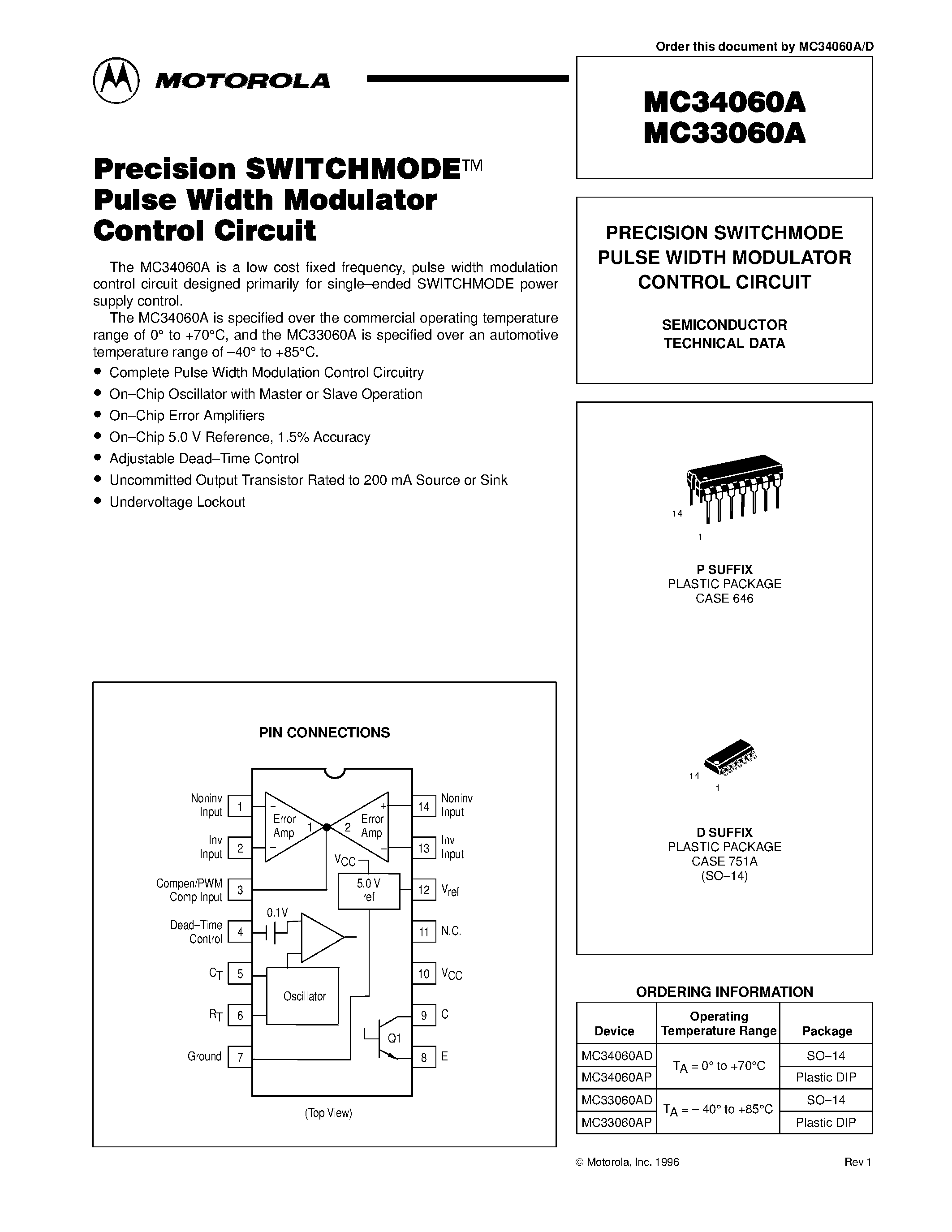 Даташит MC33060A - (MC33060A / MC34060A) PRECISION SWITCHMODE PULSE WIDTH MODULATOR CONTROL CIRCUIT страница 1
