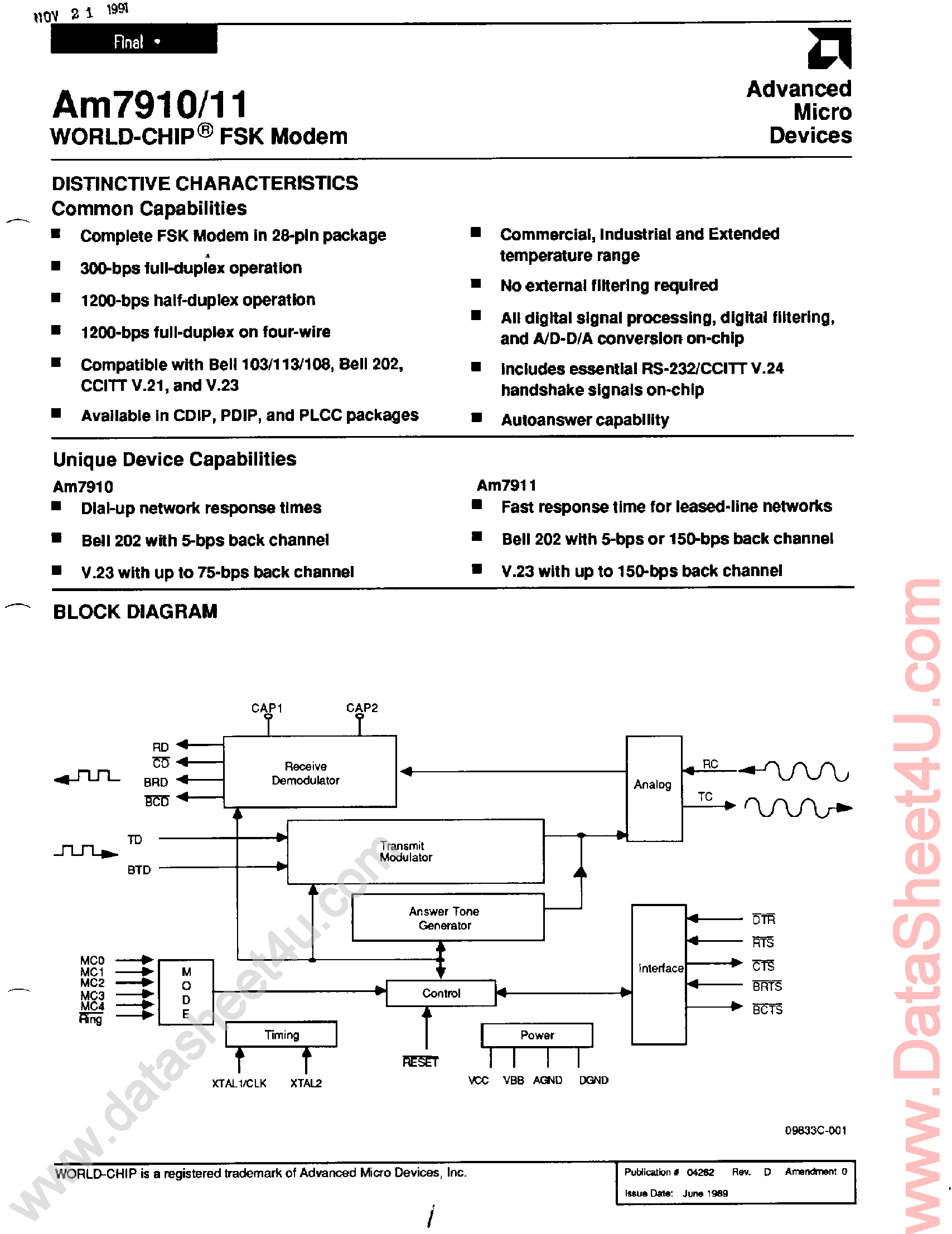 Datasheet AM7910 - (AM7910 / AM7911) FSK Modem page 1
