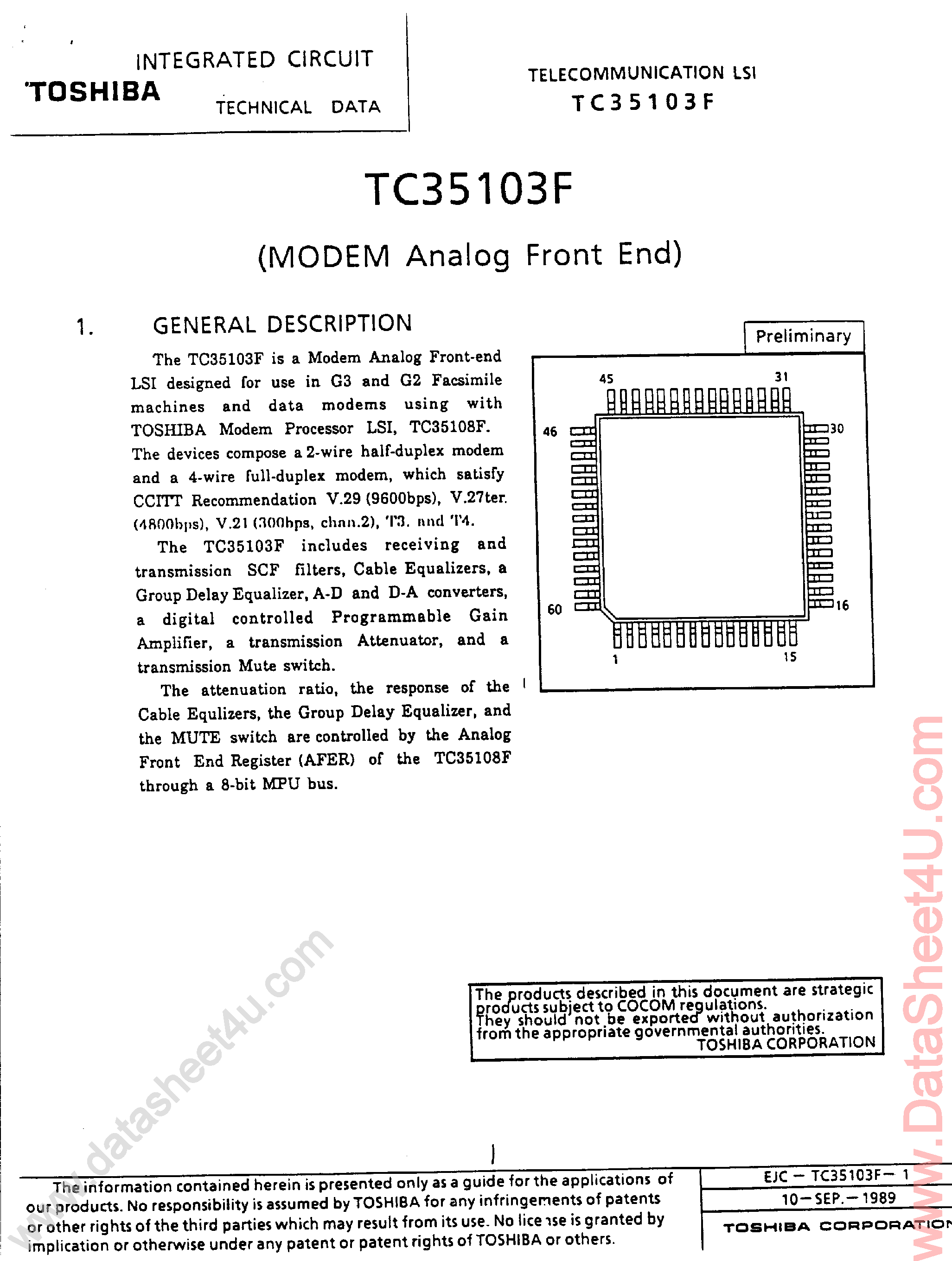 Даташит TC35103F - Modem Analog Front End страница 1