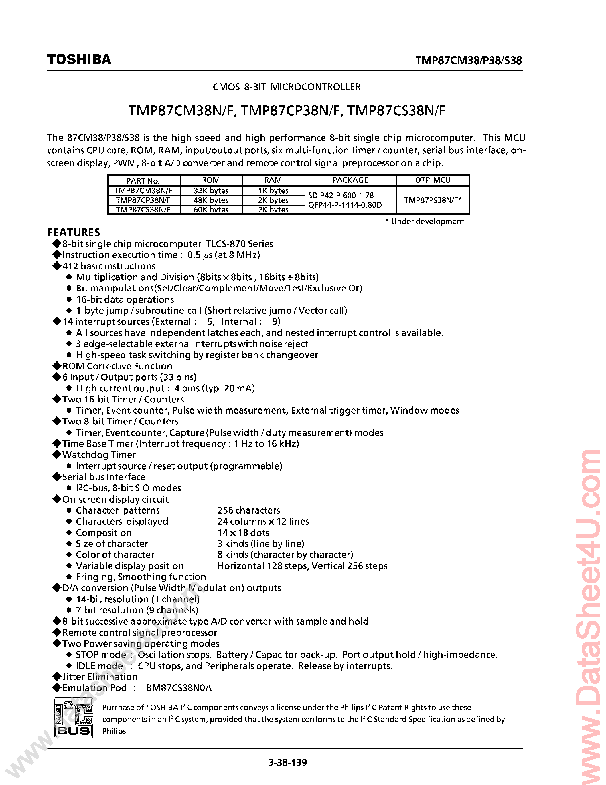 Datasheet TMP87CM38N - (TMP87Cx38n/f) CMOS 8-bit Microcontroller page 1