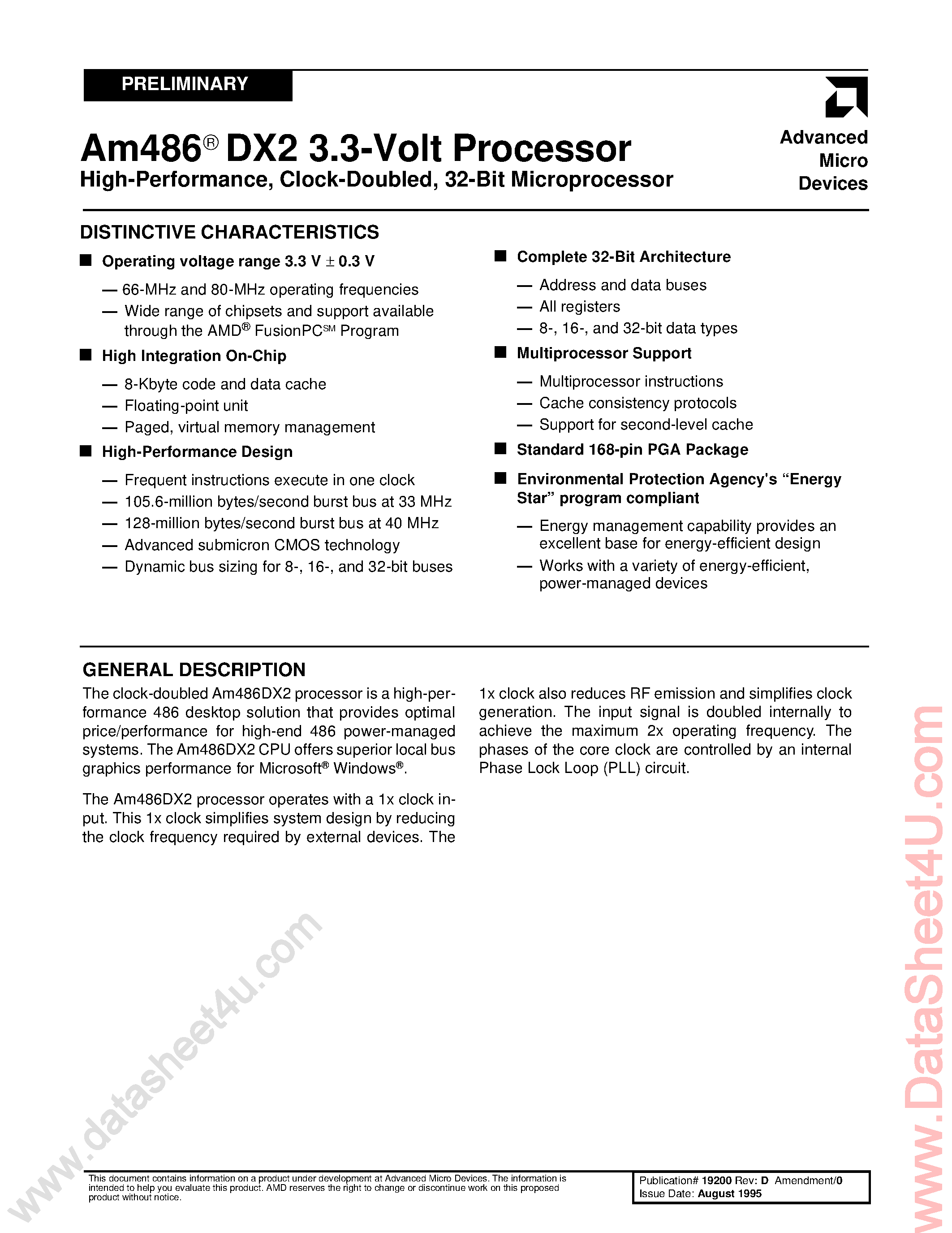 Datasheet AM486DX2 - 3.3V / Clock-Doubled / 32-Bit Microprocessor page 1
