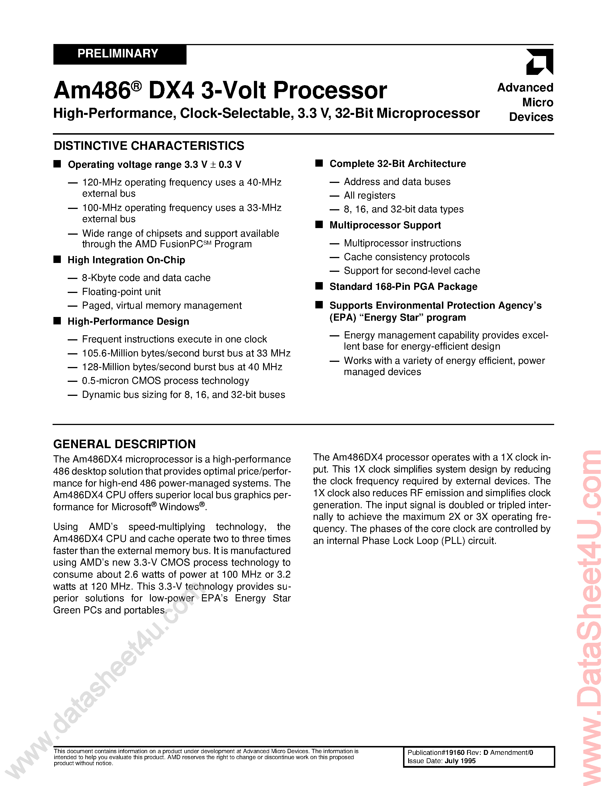 Datasheet AM486DX4 - 3V / Clock-Selectable / 32-Bit Microprocessor page 1