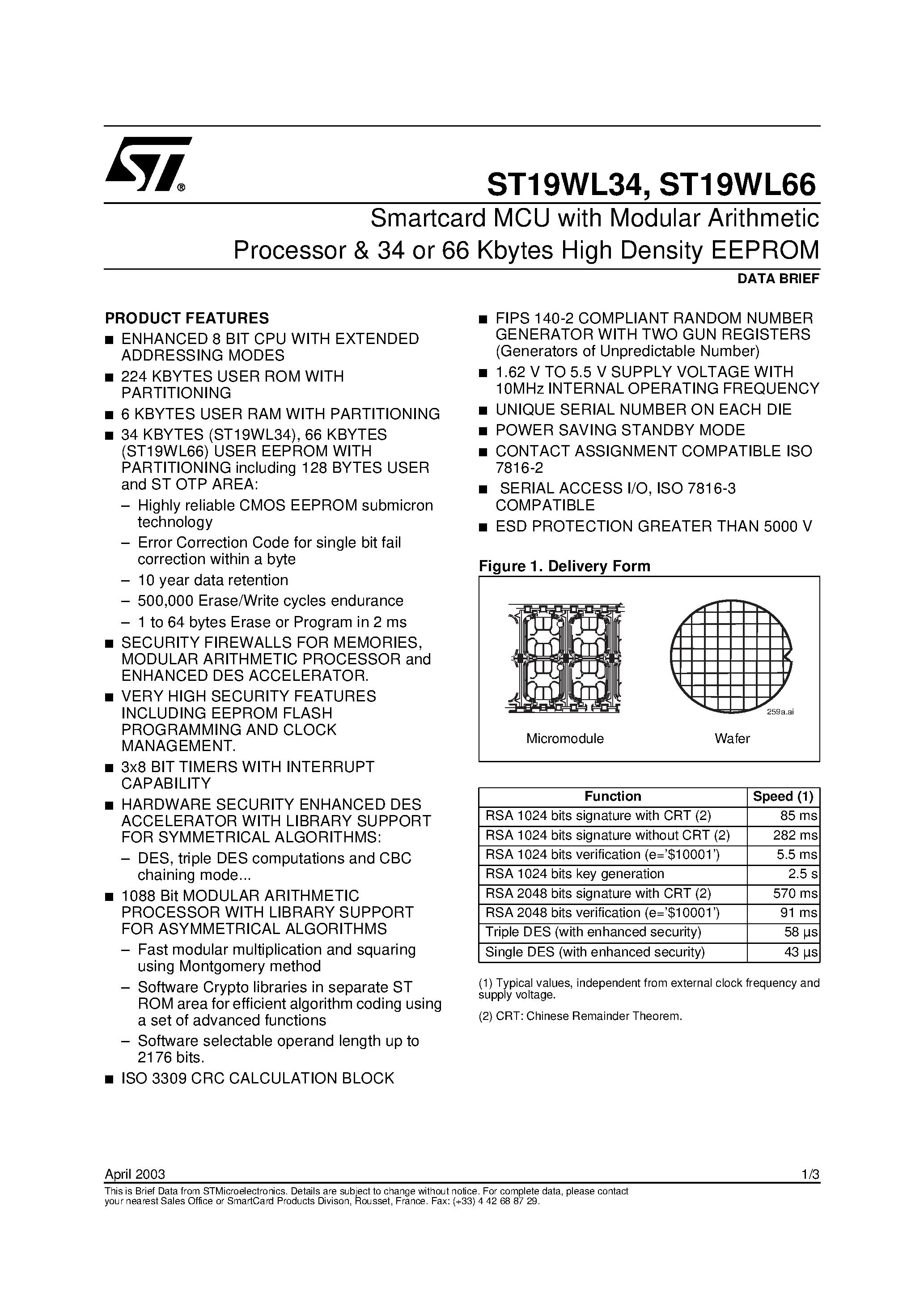 Даташит ST19WL34 - (ST19WL34 / ST19WL66) Smartcard MCU with Modular Arithmetic Processor & 34 or 66 Kbytes High Density EEROM страница 1