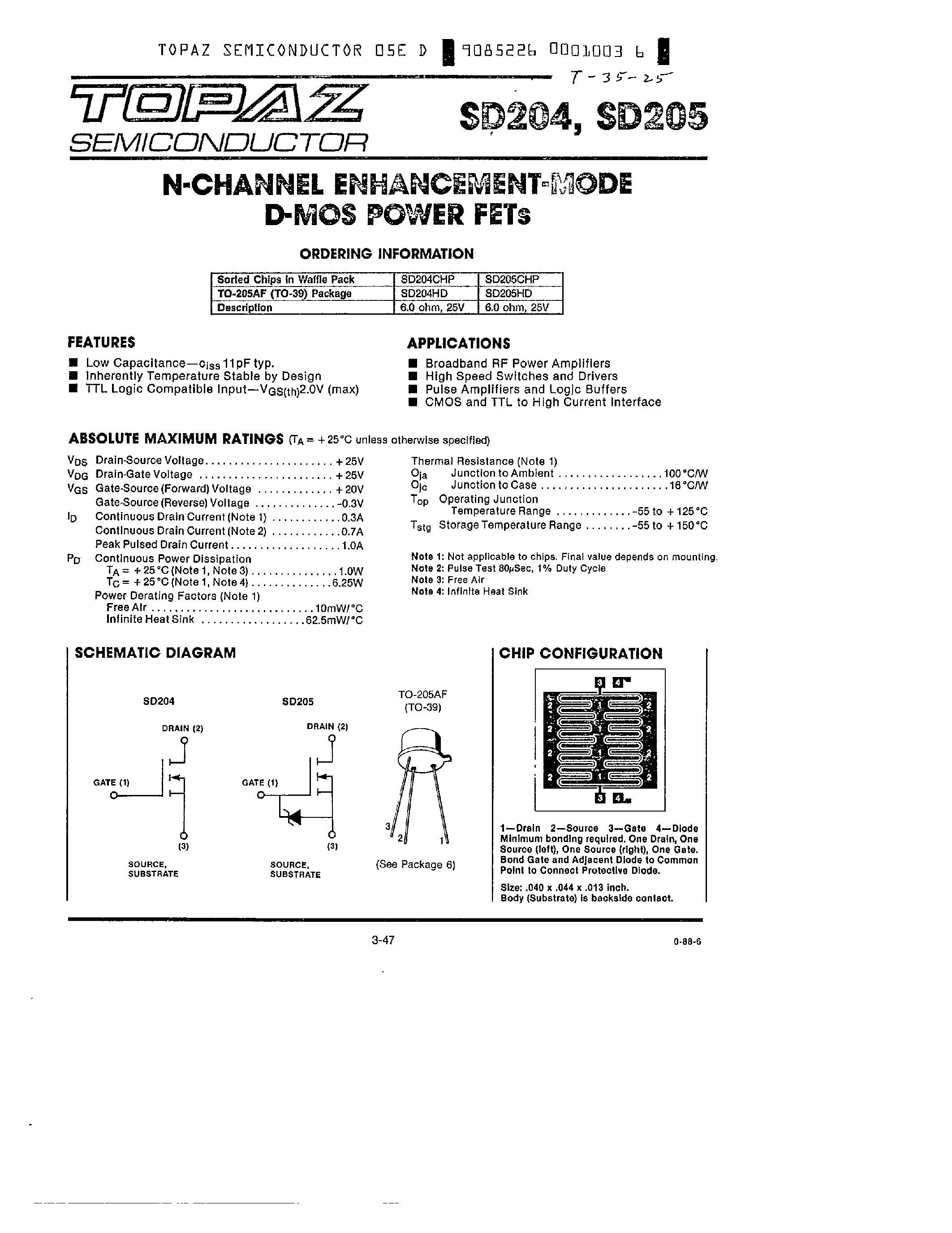 Datasheet SD204 - (SD204 / SD205) N-CHANNEL ENHANCEMEN-MODE D-MOS POWER FETs page 1