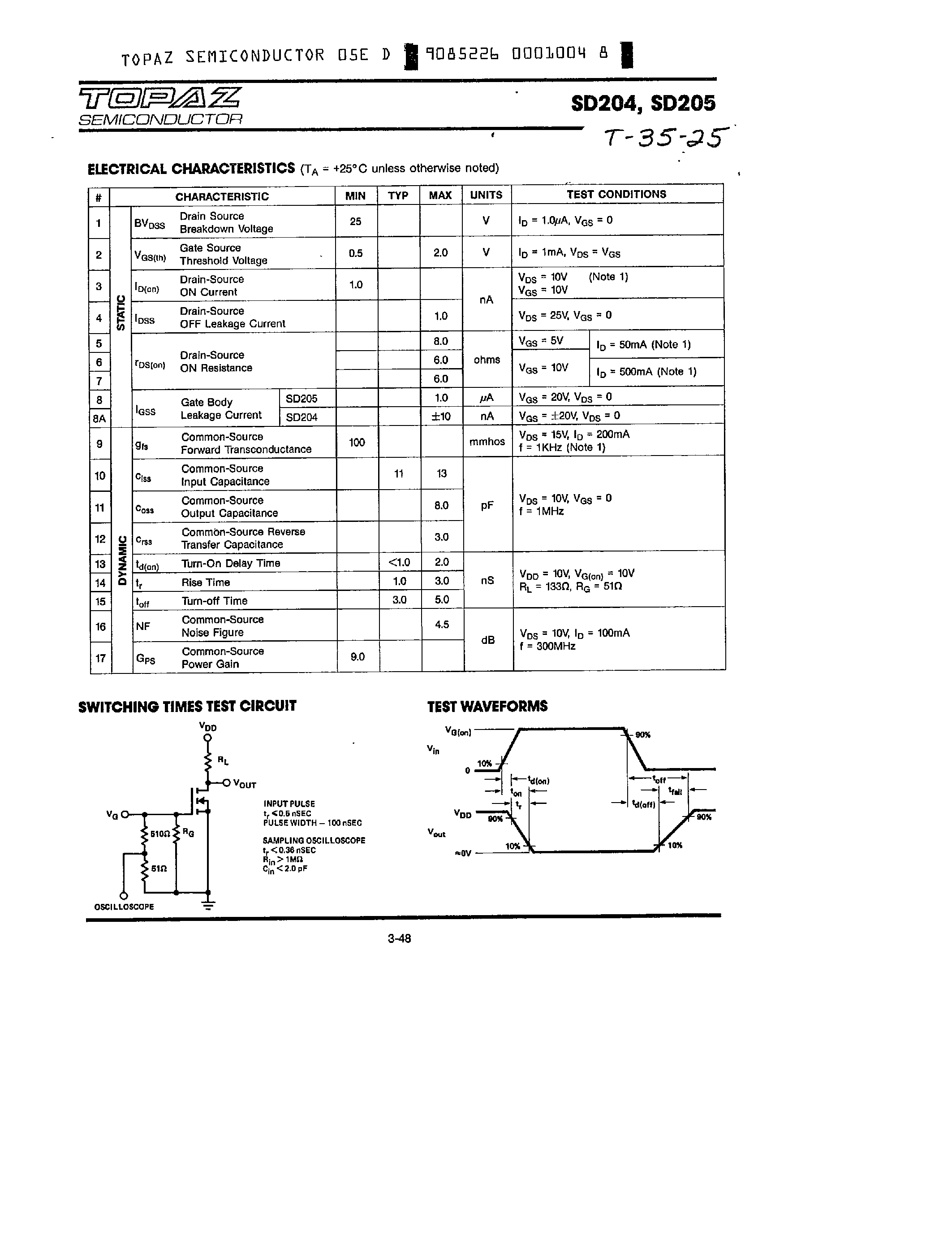Datasheet SD204 - (SD204 / SD205) N-CHANNEL ENHANCEMEN-MODE D-MOS POWER FETs page 2