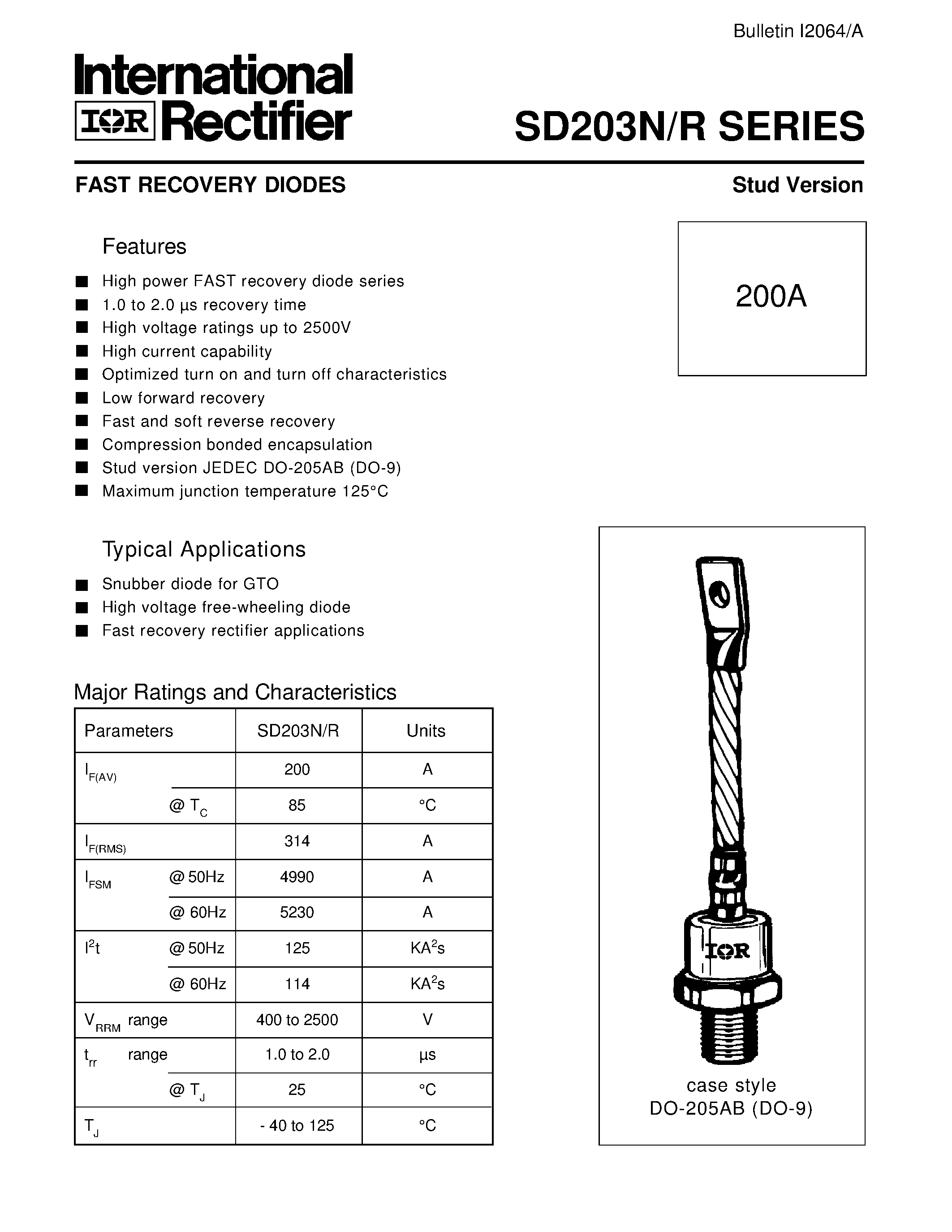 Даташит SD203N - FAST RECOVERY DIODES Stud Version страница 1