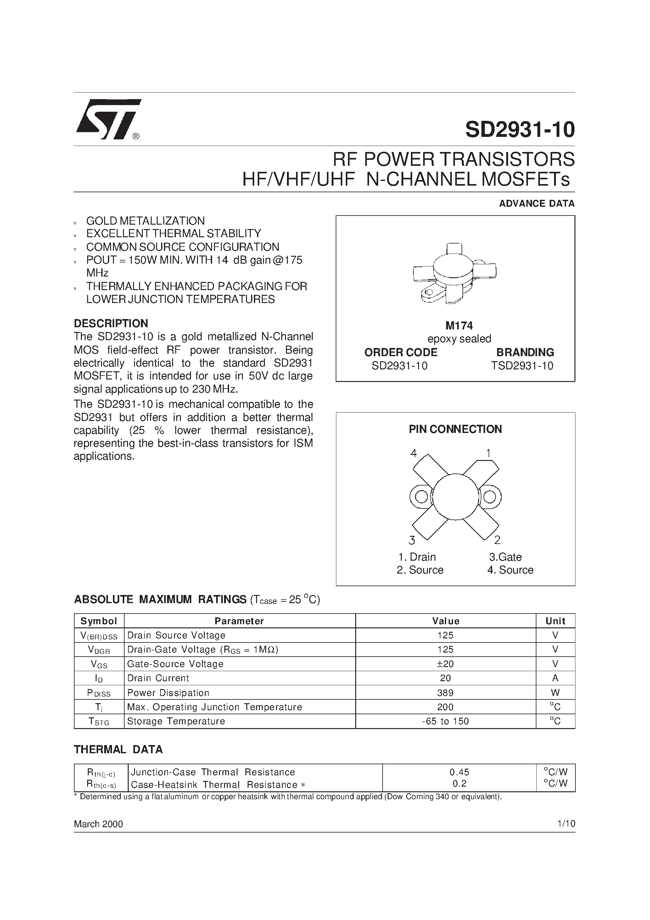 Datasheet SD2931-10 - RF POWER TRANSISTORS HF/VHF/UHF N-CHANNEL MOSFETs page 1
