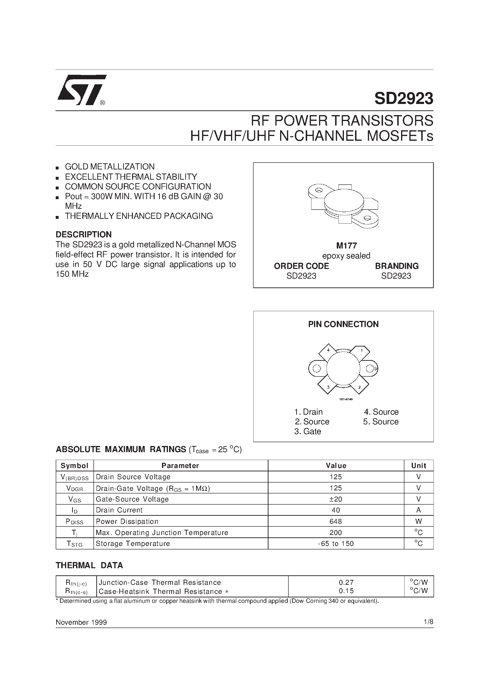 Datasheet SD2923 - RF POWER TRANSISTORS HF/VHF/UHF N-CHANNEL MOSFETs page 1