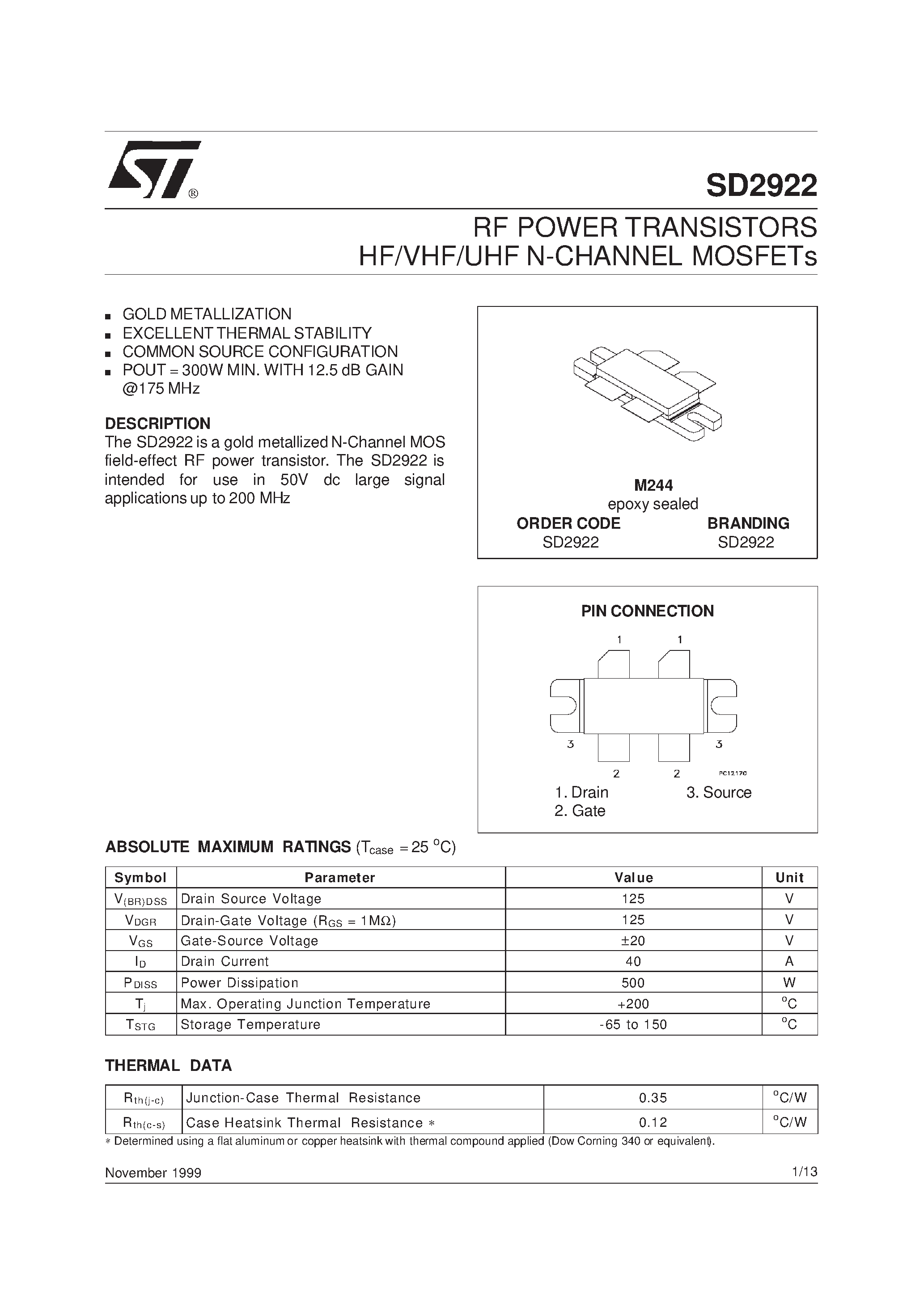 Даташит SD2922 - RF POWER TRANSISTORS HF/VHF/UHF N-CHANNEL MOSFETs страница 1