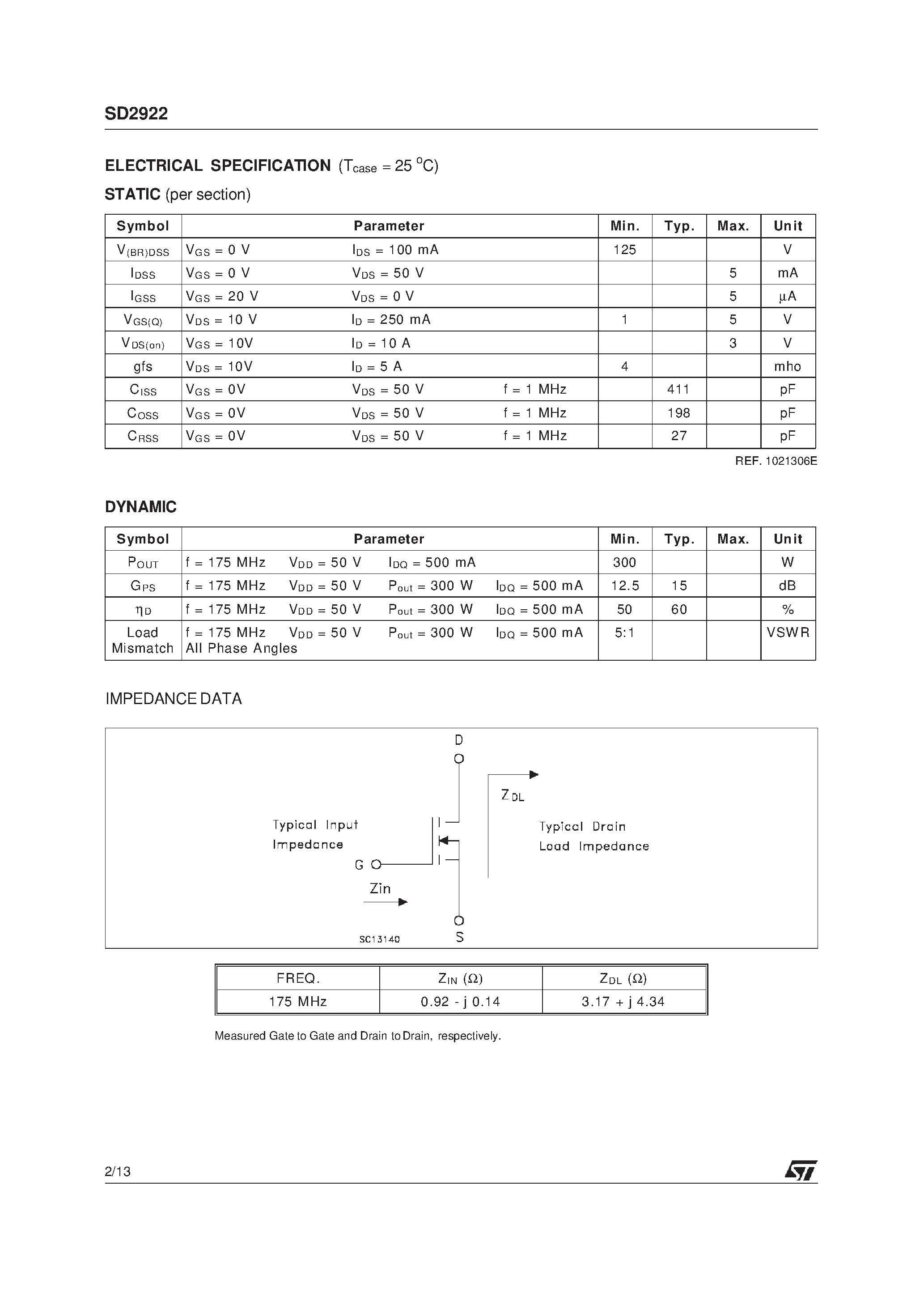 Datasheet SD2922 - RF POWER TRANSISTORS HF/VHF/UHF N-CHANNEL MOSFETs page 2