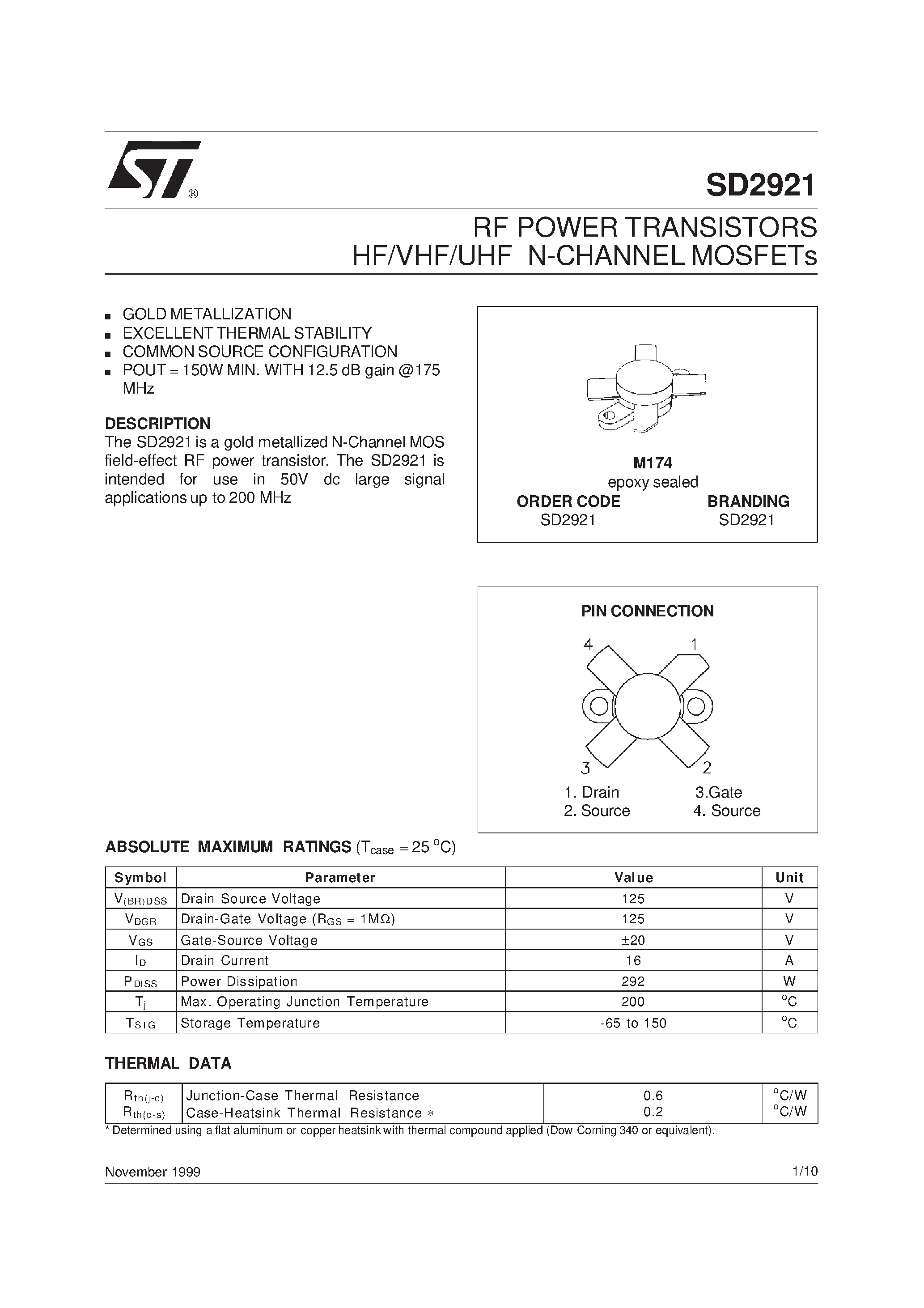 Datasheet SD2921 - RF POWER TRANSISTORS HF/VHF/UHF N-CHANNEL MOSFETs page 1