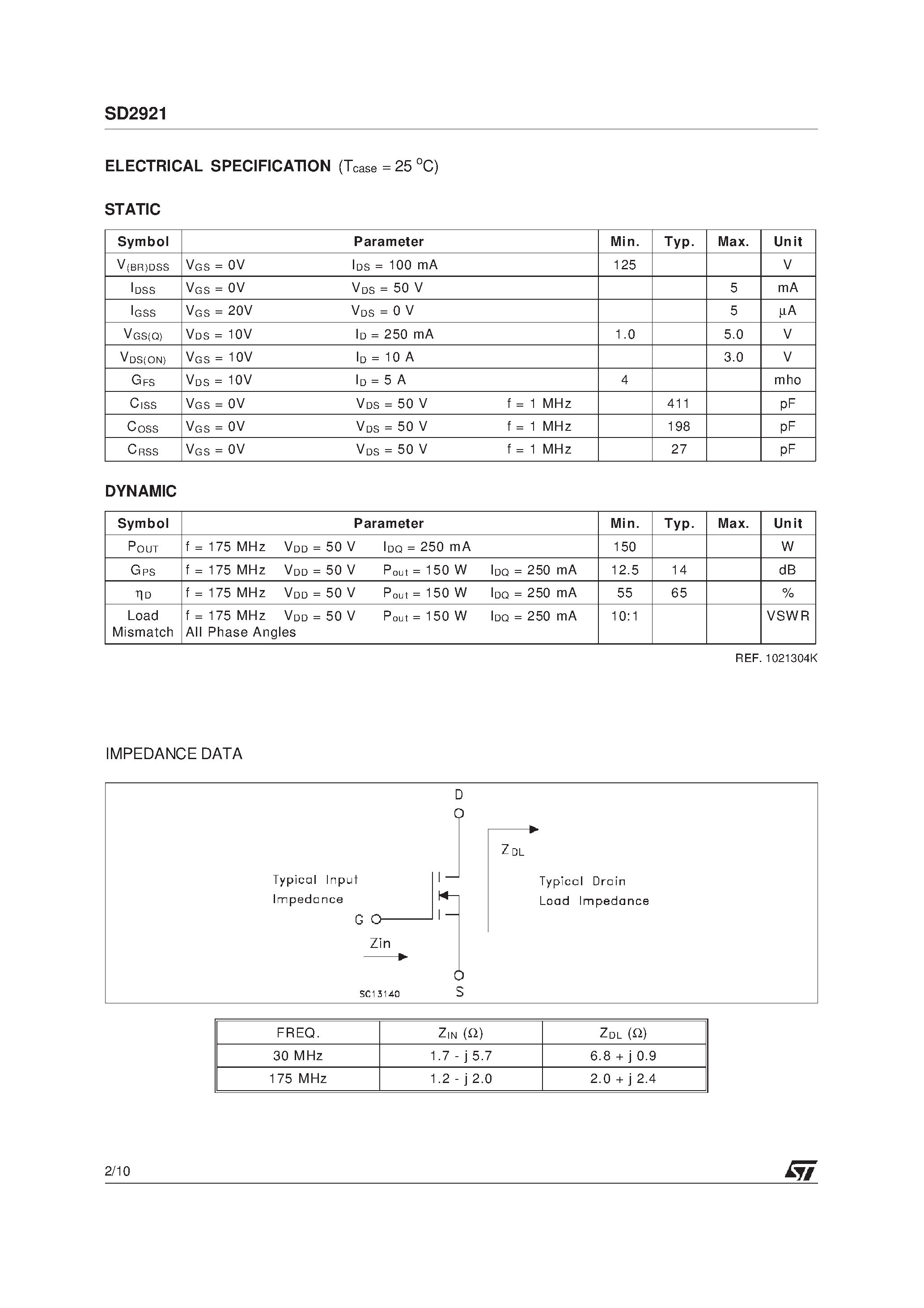 Datasheet SD2921 - RF POWER TRANSISTORS HF/VHF/UHF N-CHANNEL MOSFETs page 2