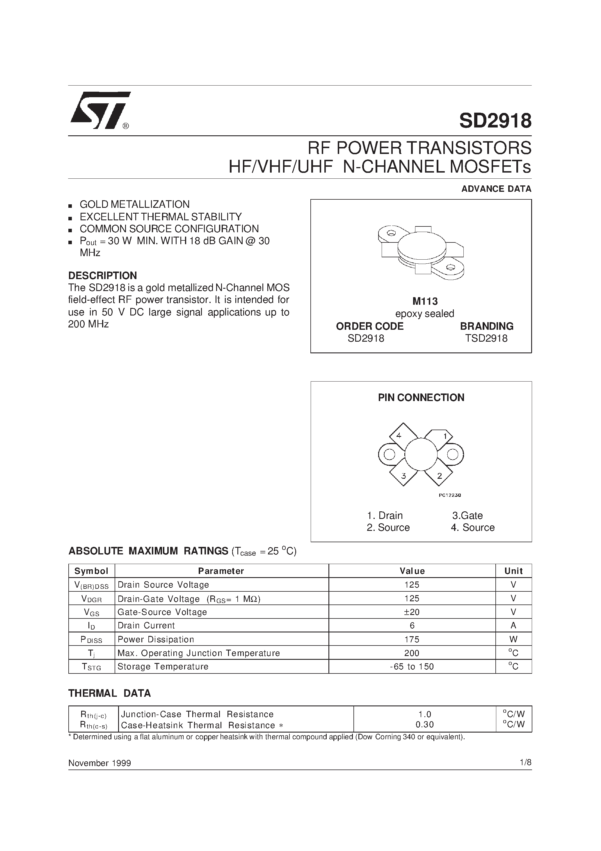 Datasheet SD2918 - RF POWER TRANSISTORS HF/VHF/UHF N-CHANNEL MOSFETs page 1