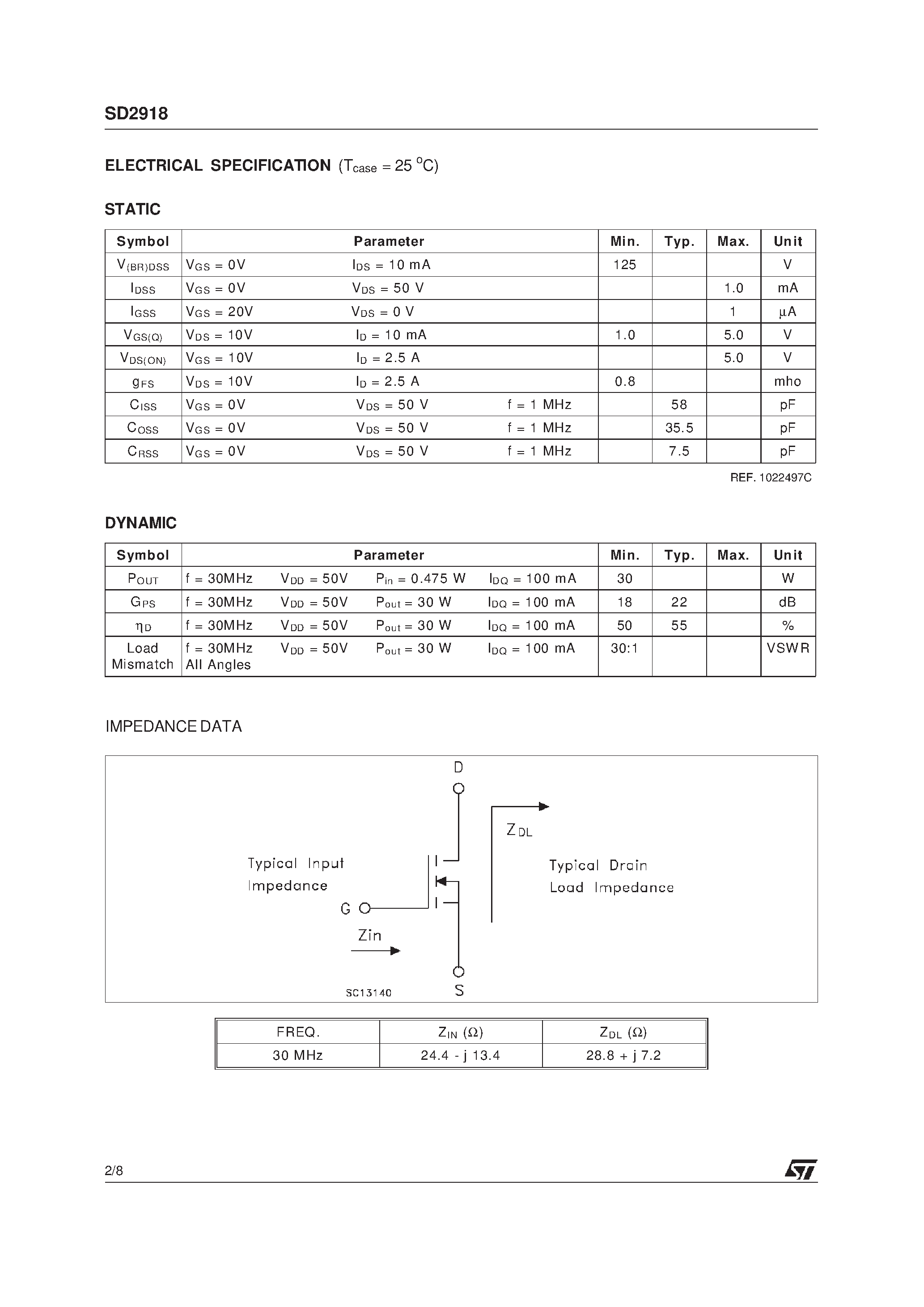 Datasheet SD2918 - RF POWER TRANSISTORS HF/VHF/UHF N-CHANNEL MOSFETs page 2
