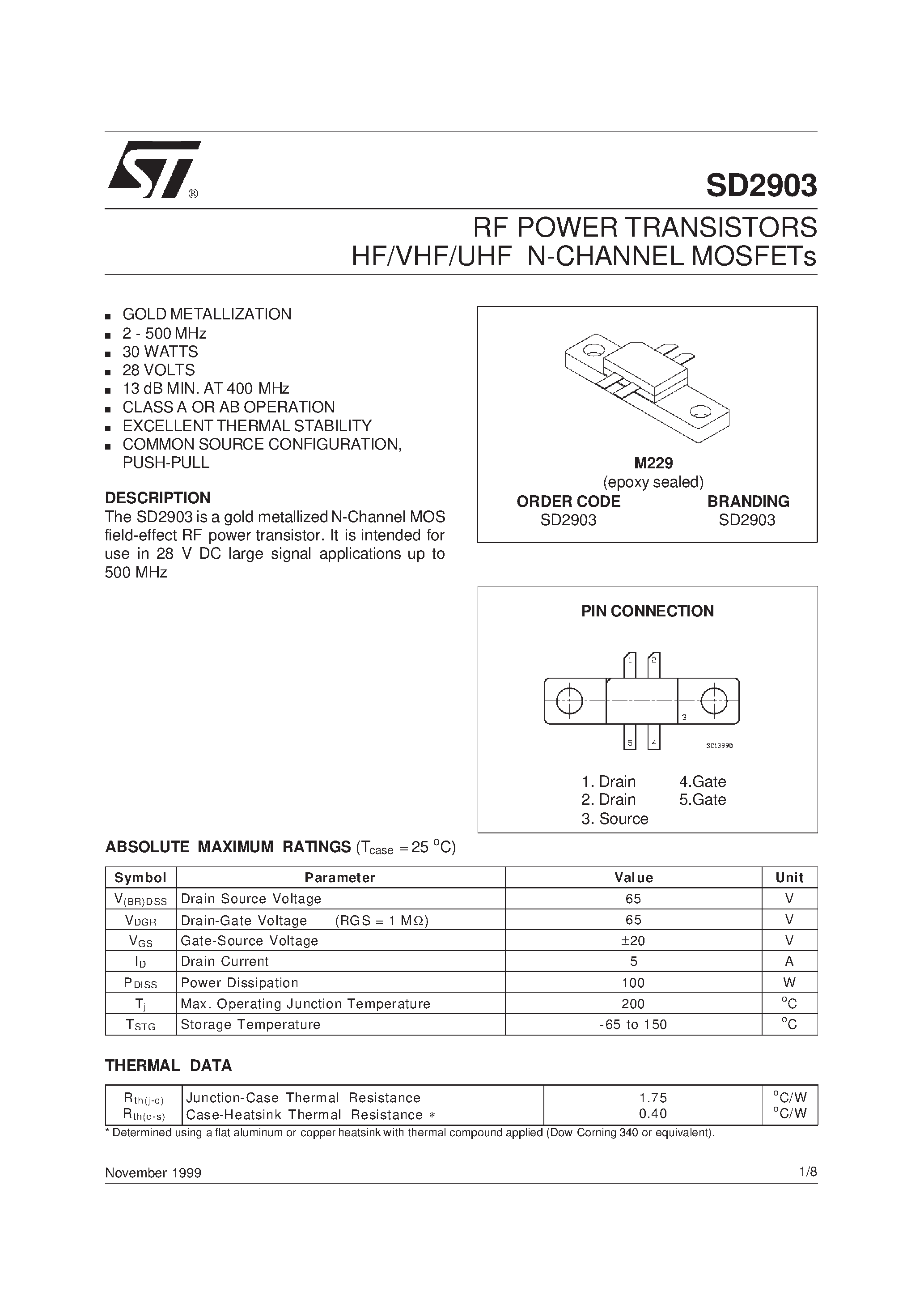 Datasheet SD2903 - RF POWER TRANSISTORS HF/VHF/UHF N-CHANNEL MOSFETs page 1