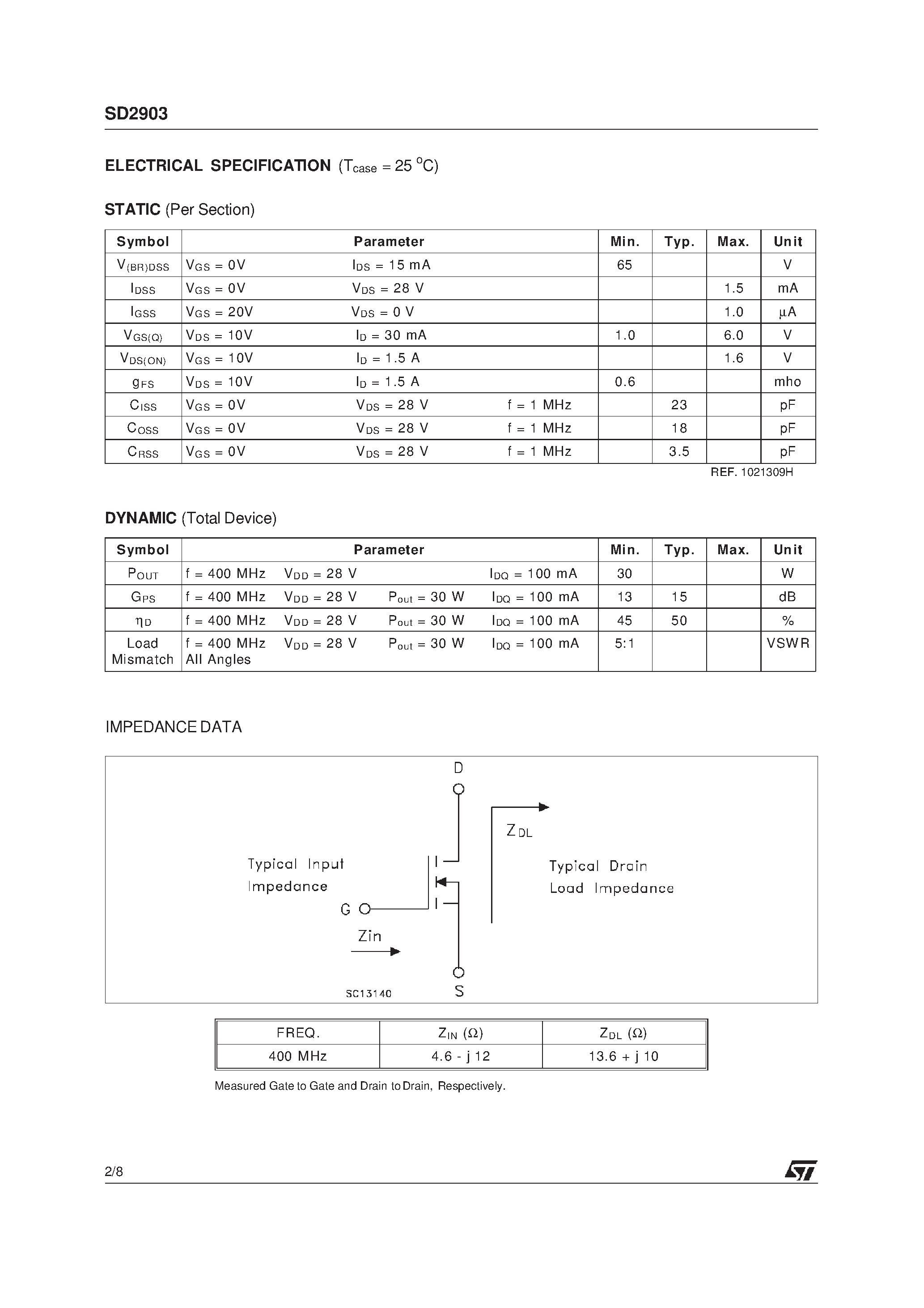 Даташит SD2903 - RF POWER TRANSISTORS HF/VHF/UHF N-CHANNEL MOSFETs страница 2