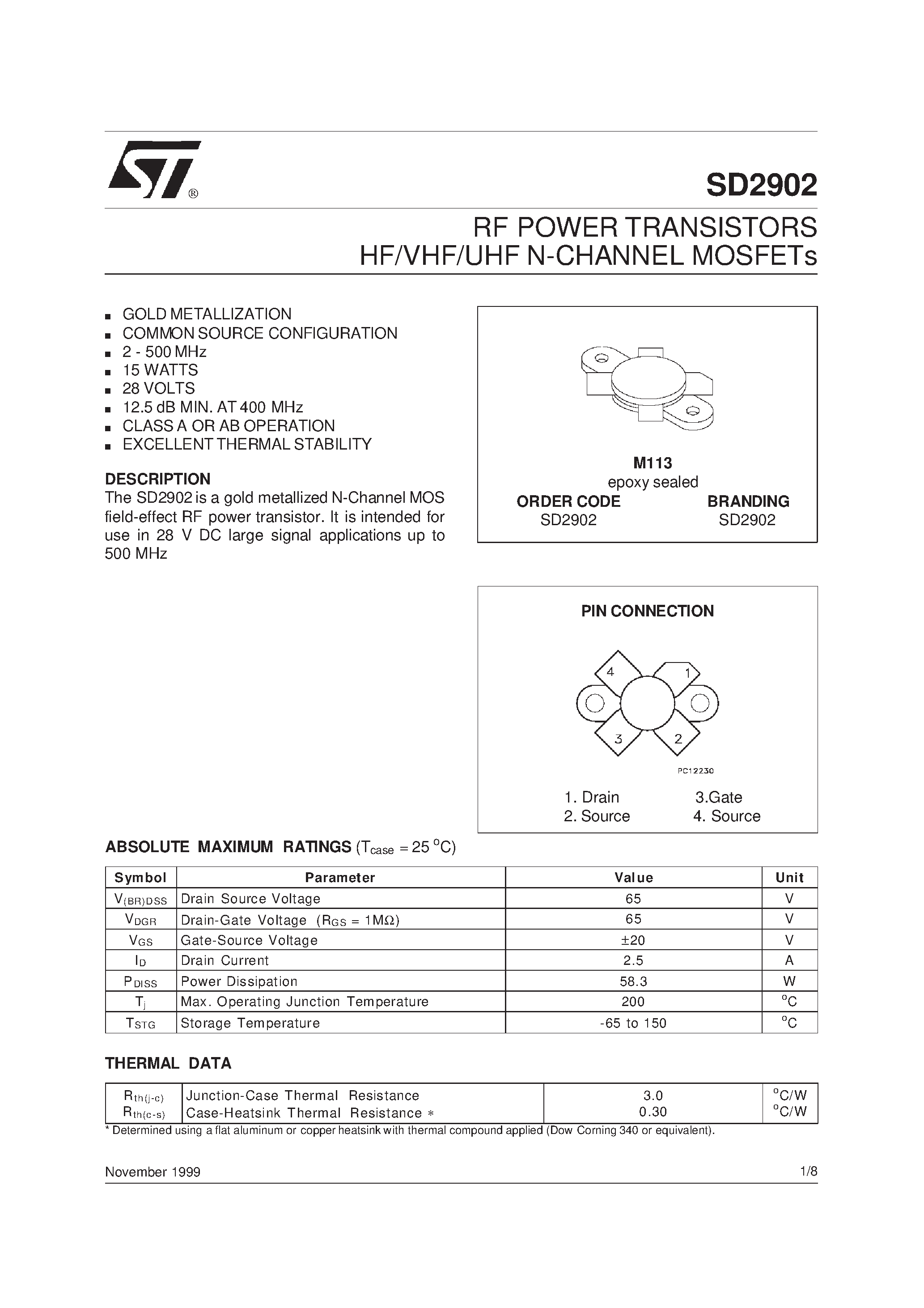 Datasheet SD2902 - RF POWER TRANSISTORS HF/VHF/UHF N-CHANNEL MOSFETs page 1
