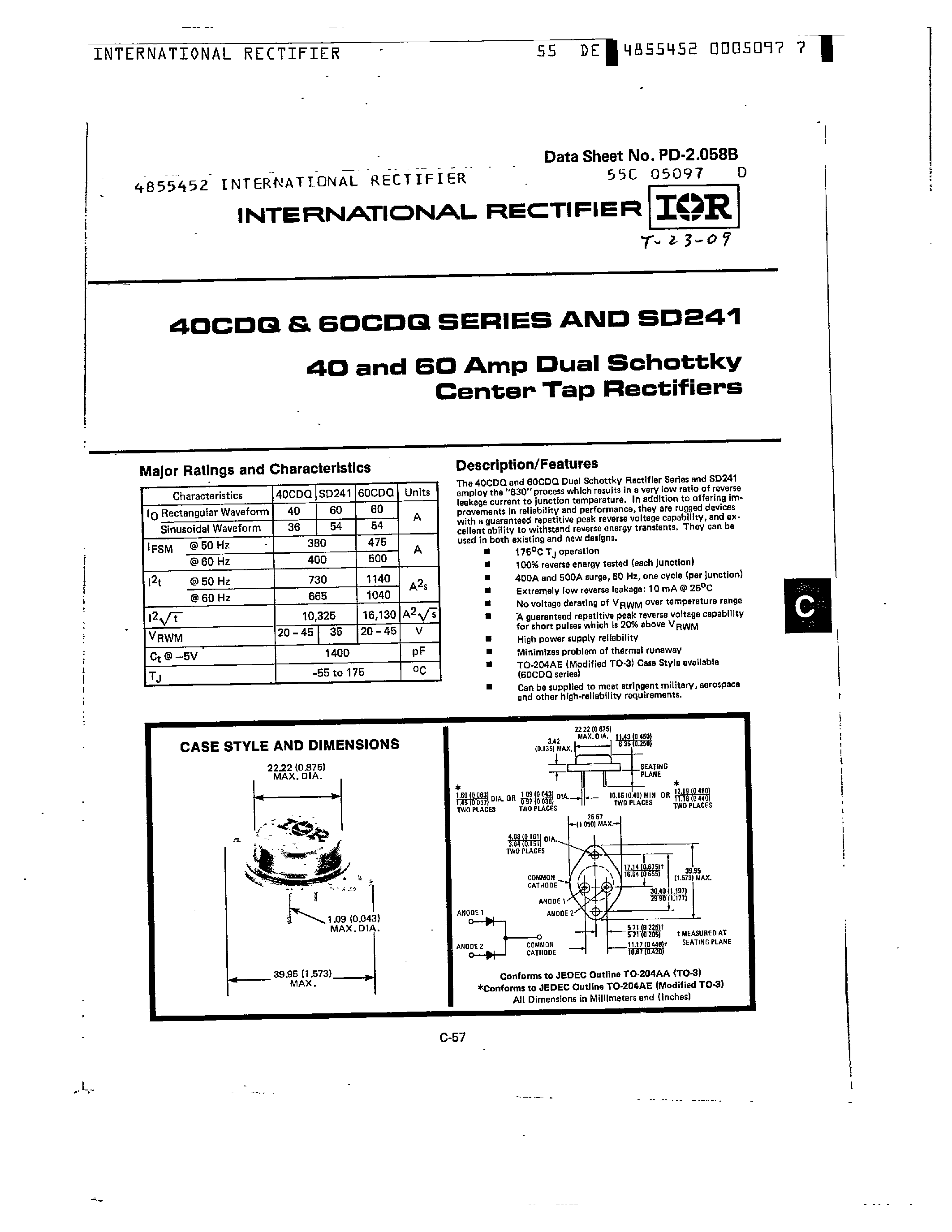 Datasheet SD241 - 40 AND 60 AMP DUAL SCHOTTKY CENTER TAP RECTIFIERS page 1