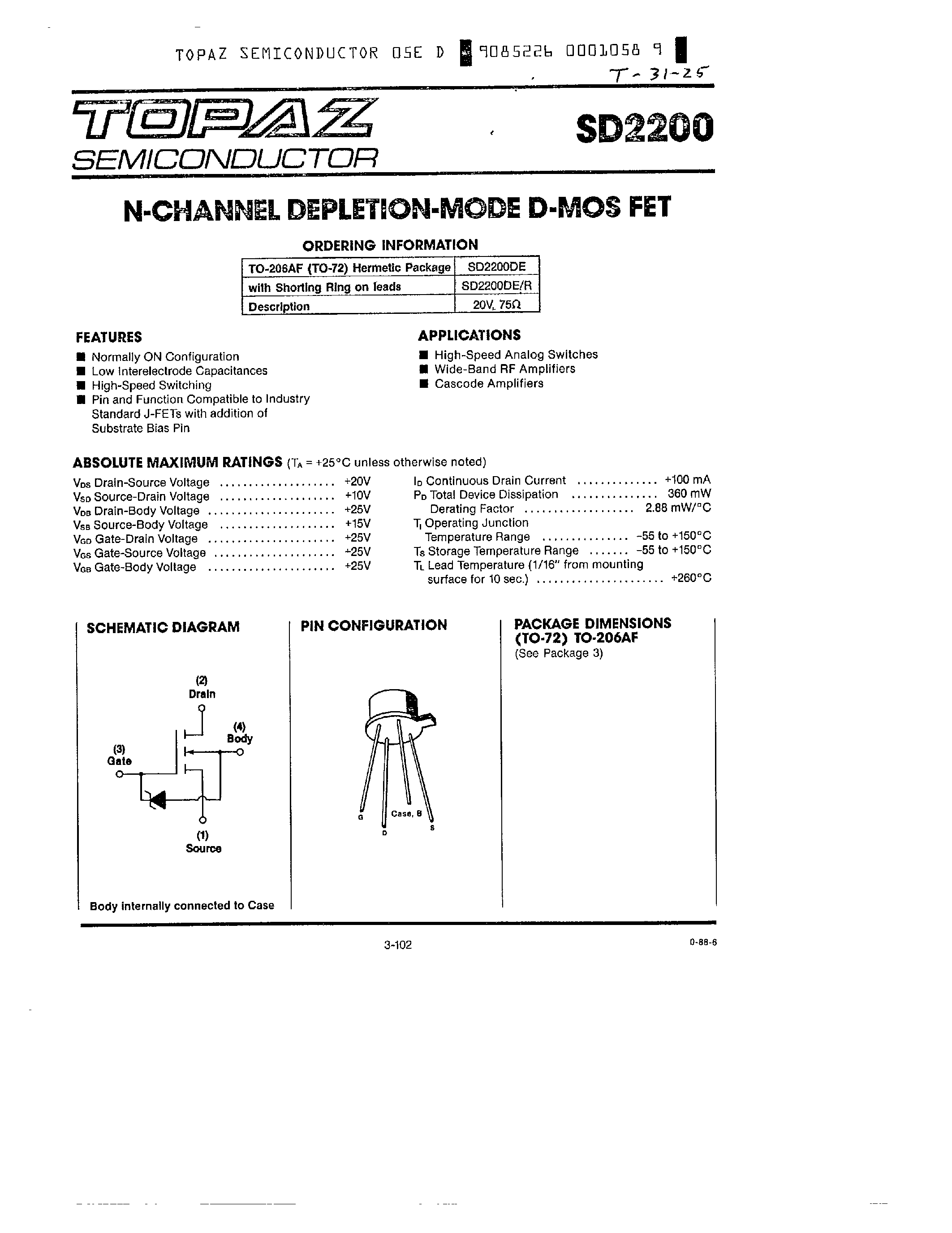Даташит SD2200 - N-CHANNEL DEPLETION-MODE D-MOS FET страница 1
