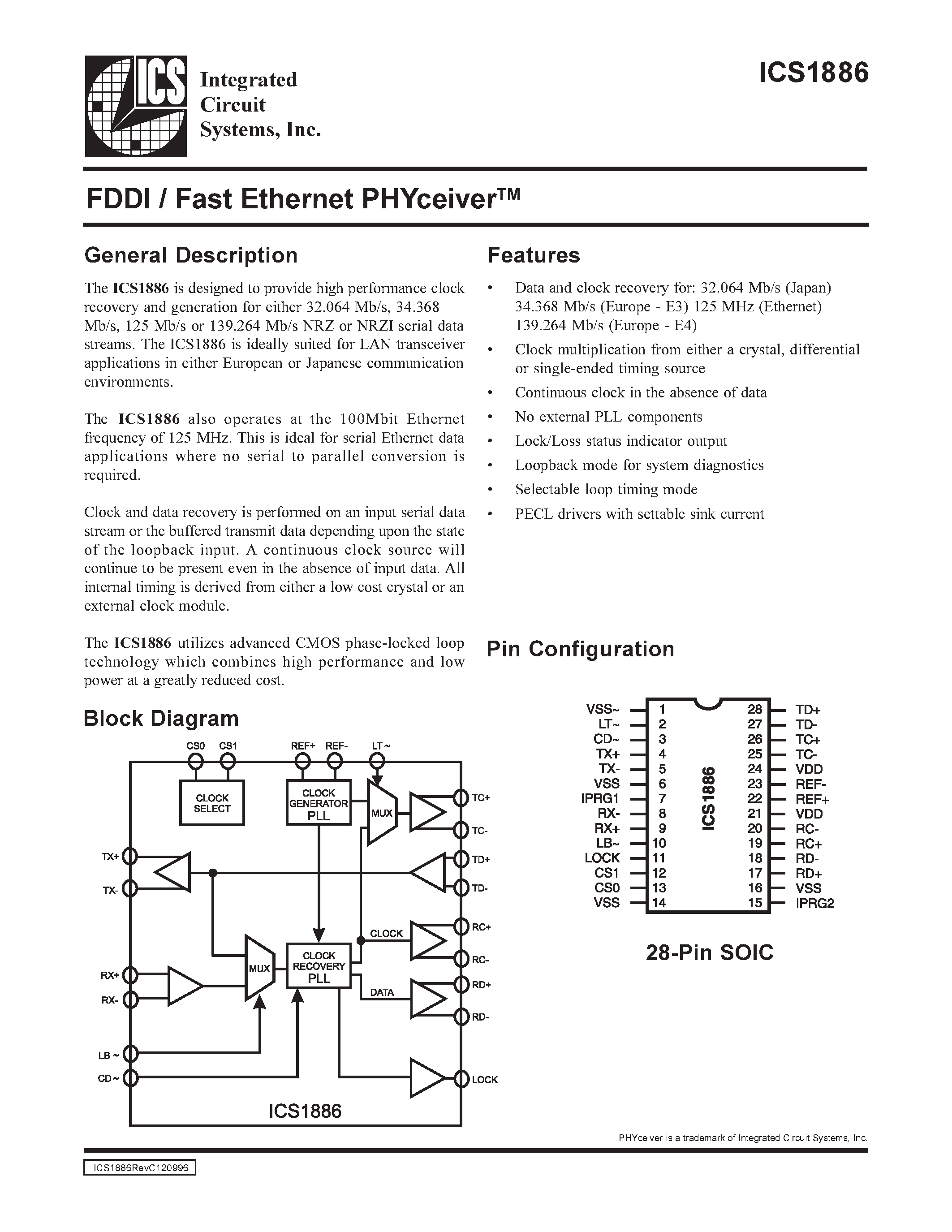 Даташит ICS1886 - FDDI / Fast Ethernet PHYceiverTM страница 1