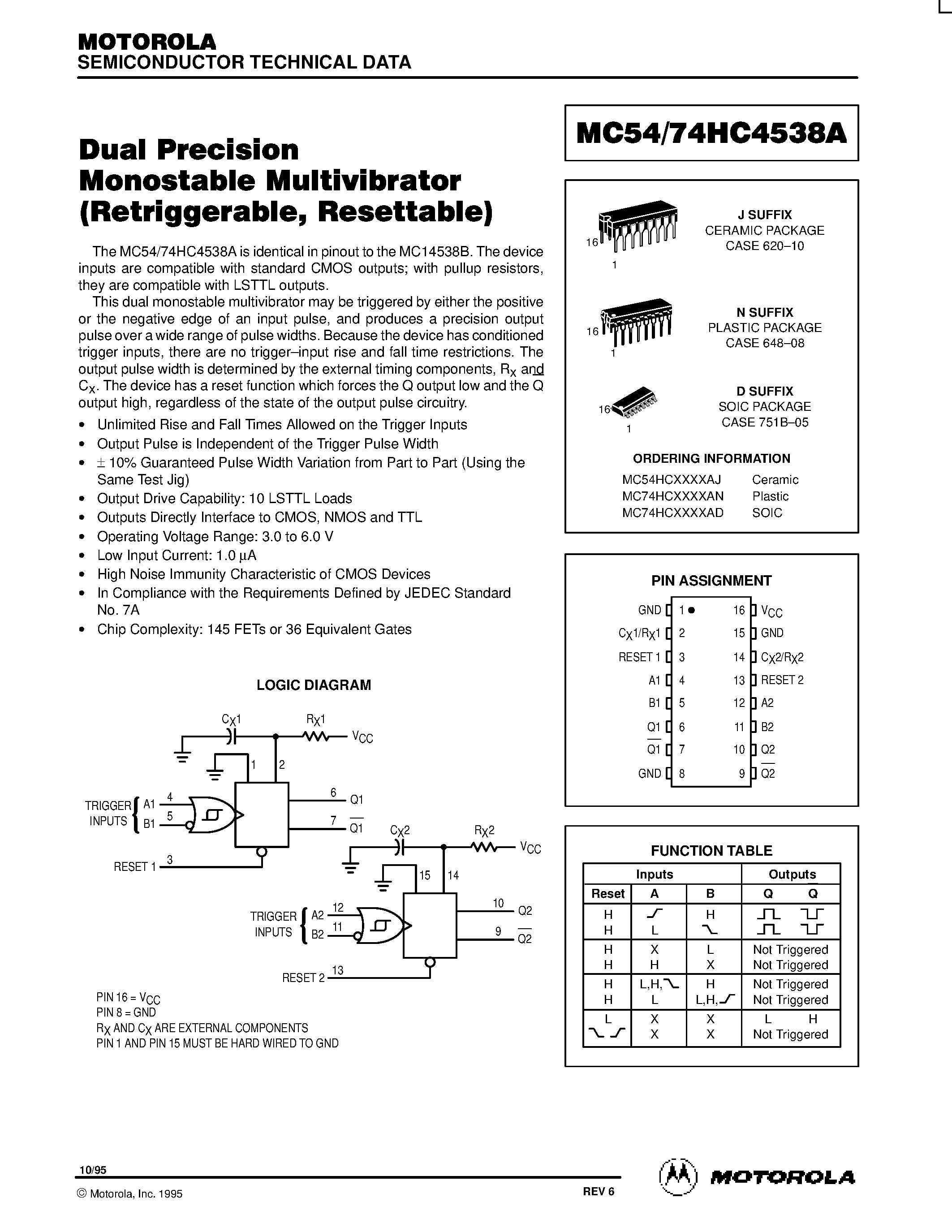 Даташит MC54HC4538A - Dual Precision Monostable Multivibrator страница 1