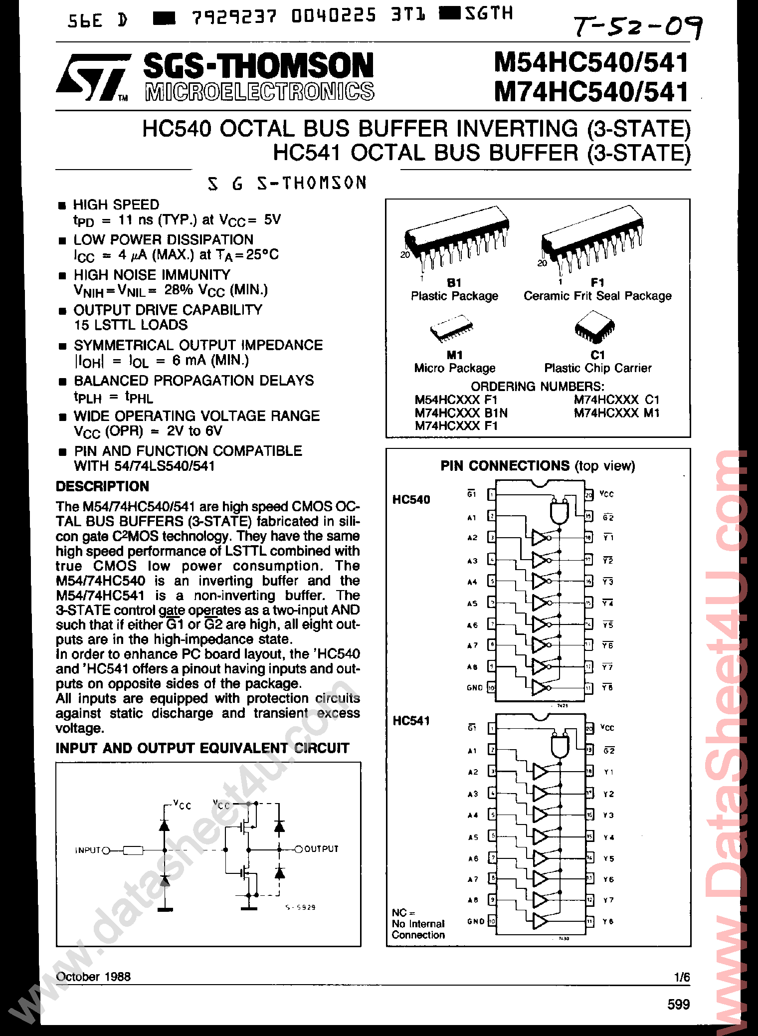 Datasheet 74HC540 - (74HC540 / 74HC541) HC540 Octal Bus Buffer Inverting page 1