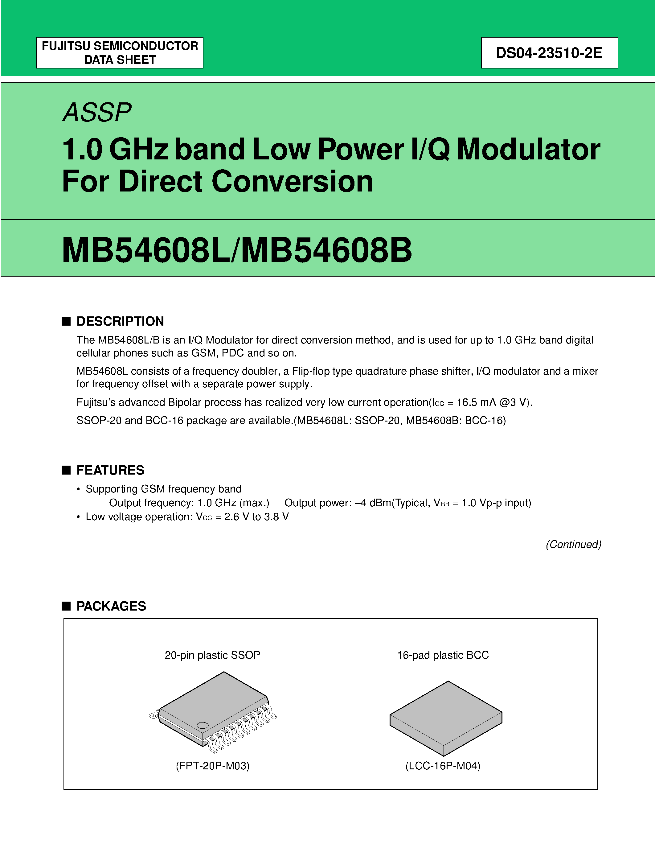 Datasheet MB54608B - 1.0 GHz band Low Power I/Q Modulator For Direct Conversion page 1