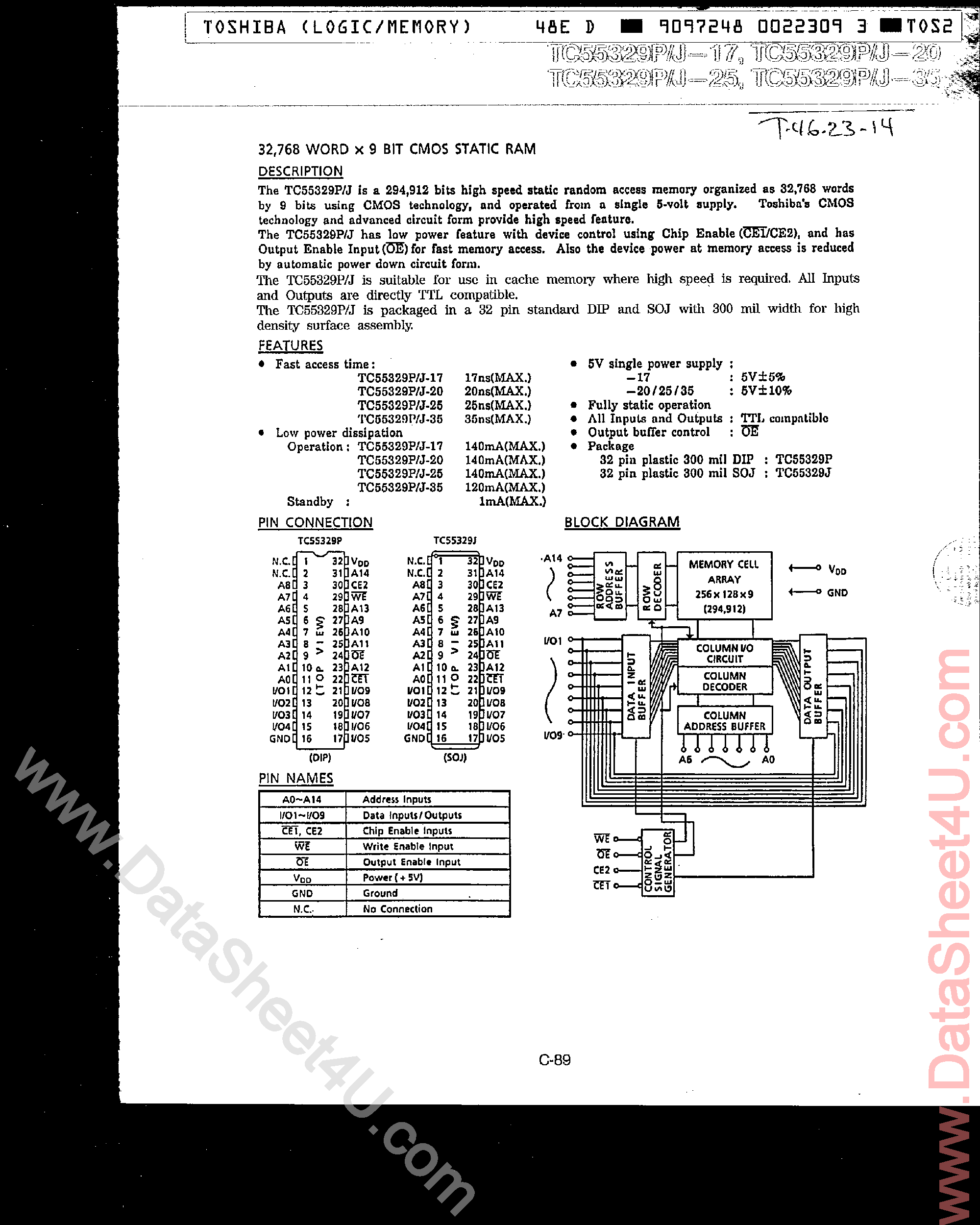 Datasheet TC55329P - 32768 x 9-Bit CMOS SRAM page 1