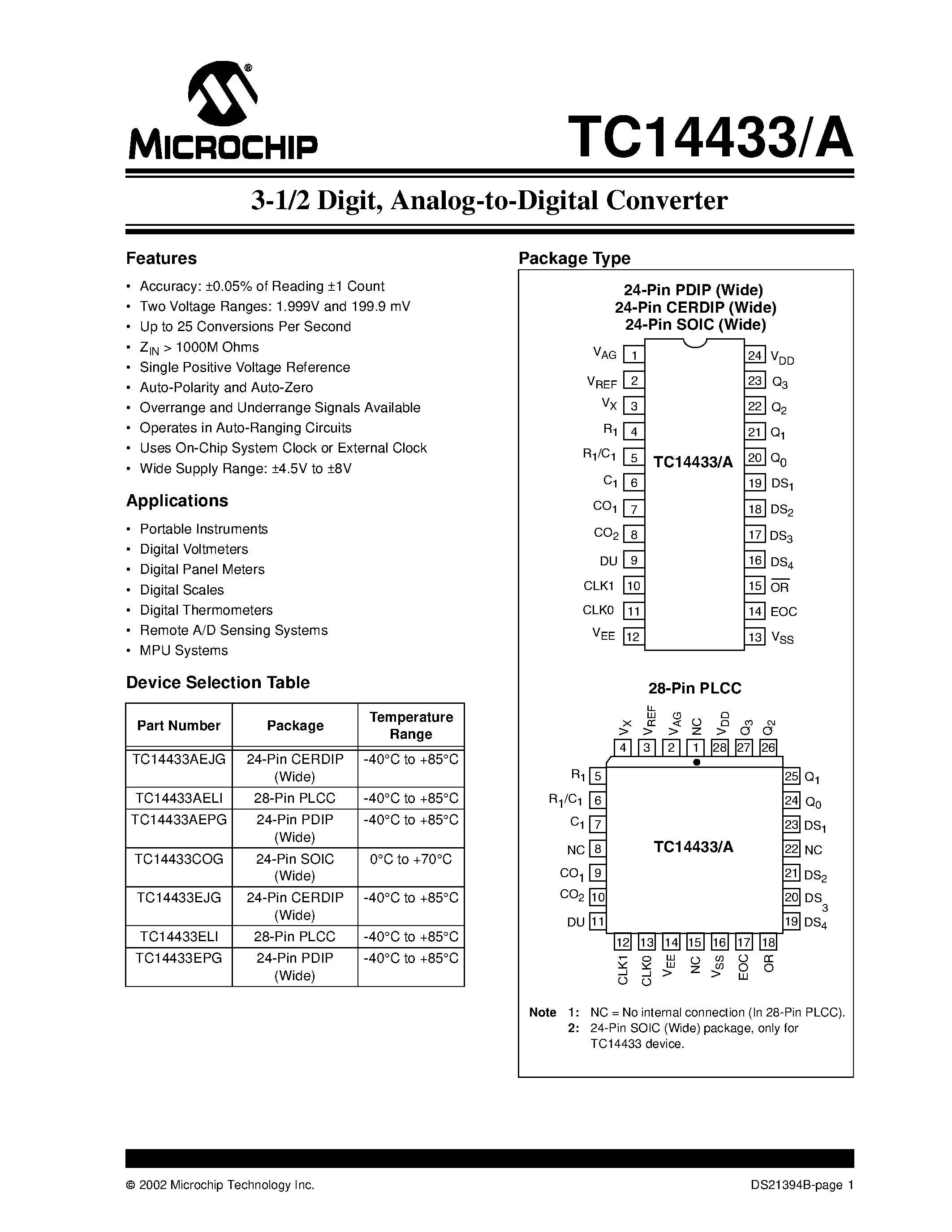 Datasheet TC14433 - 3-1/2 Digital / Analog-to-Digital Converter page 1