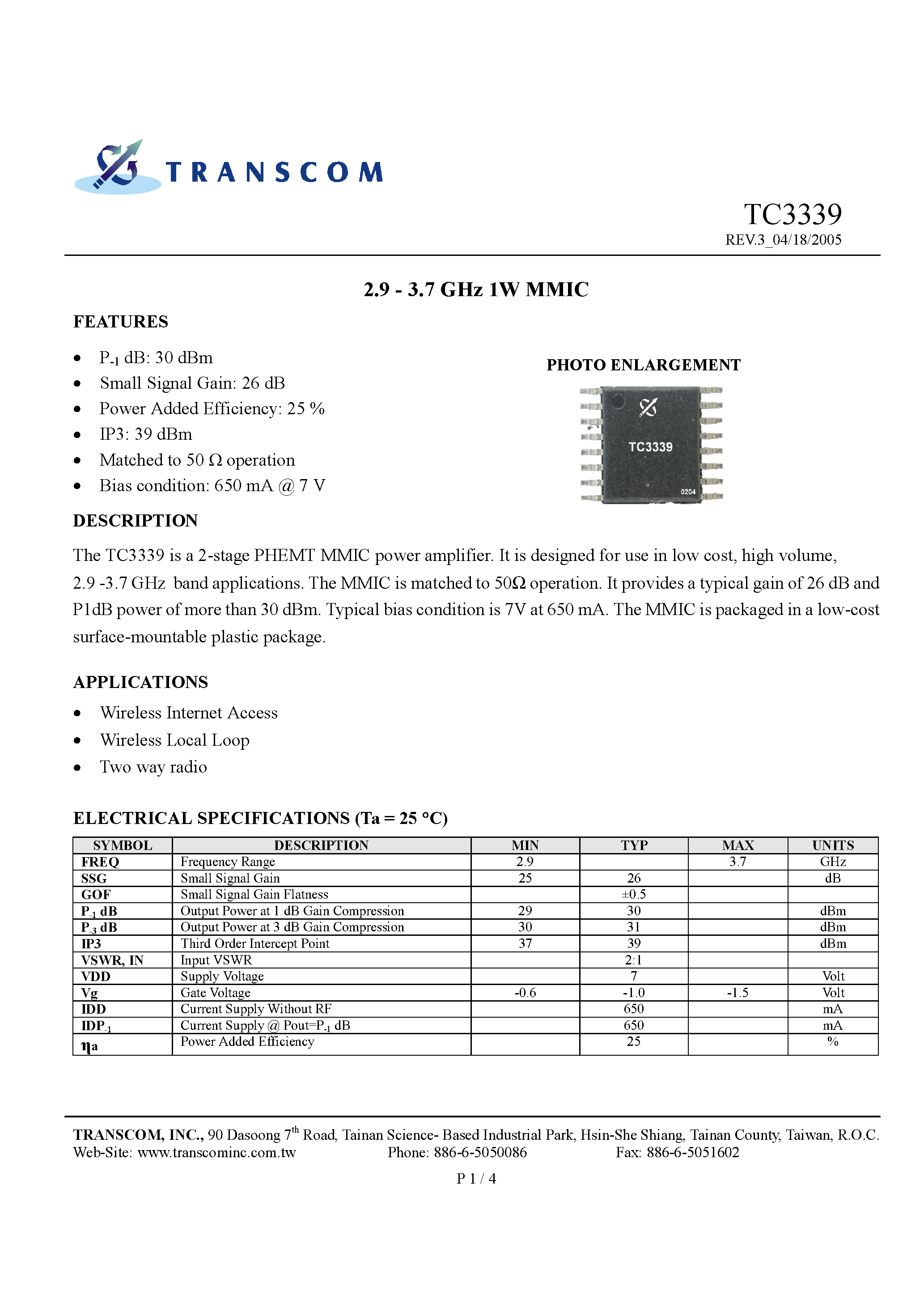Datasheet TC3339 - 2.9 - 3.7 GHz 1W MMIC page 1