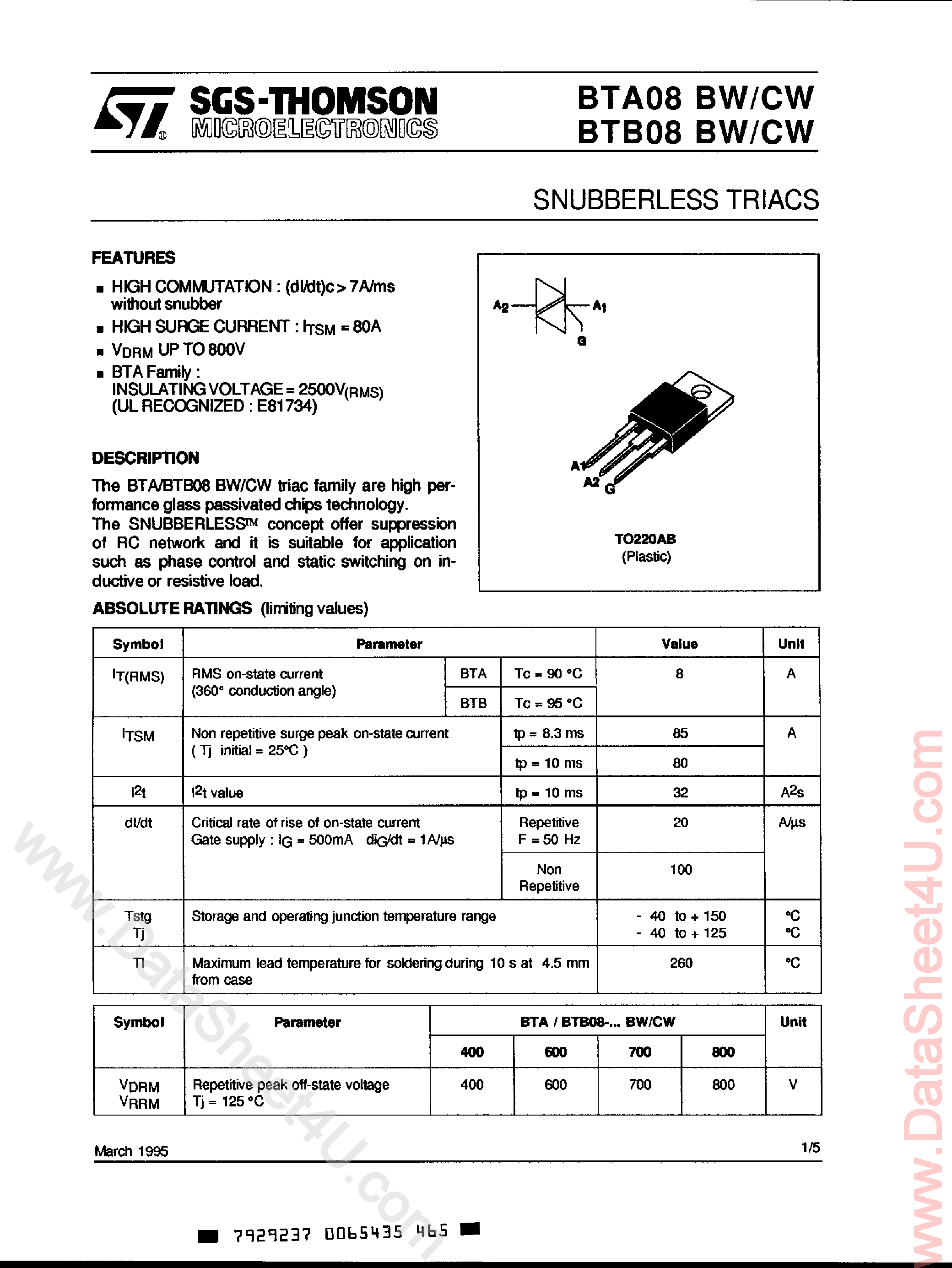 Datasheet BTA08-400CW - (BTA08-xxxCW/BW) Snubberless Triacs page 1