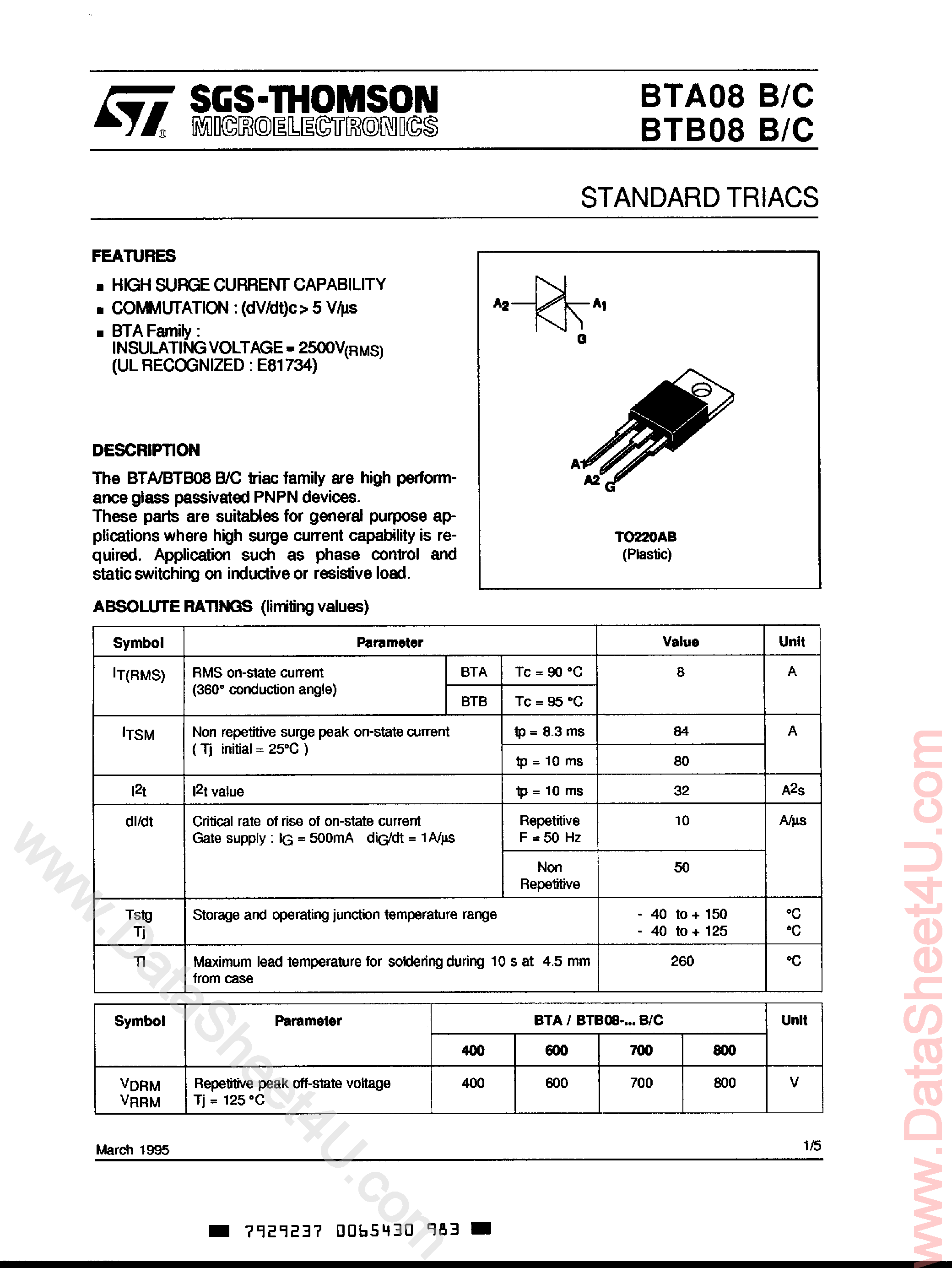 Даташит BTA08-400B - (BTA08-xxxC/B) Standard Triacs страница 1