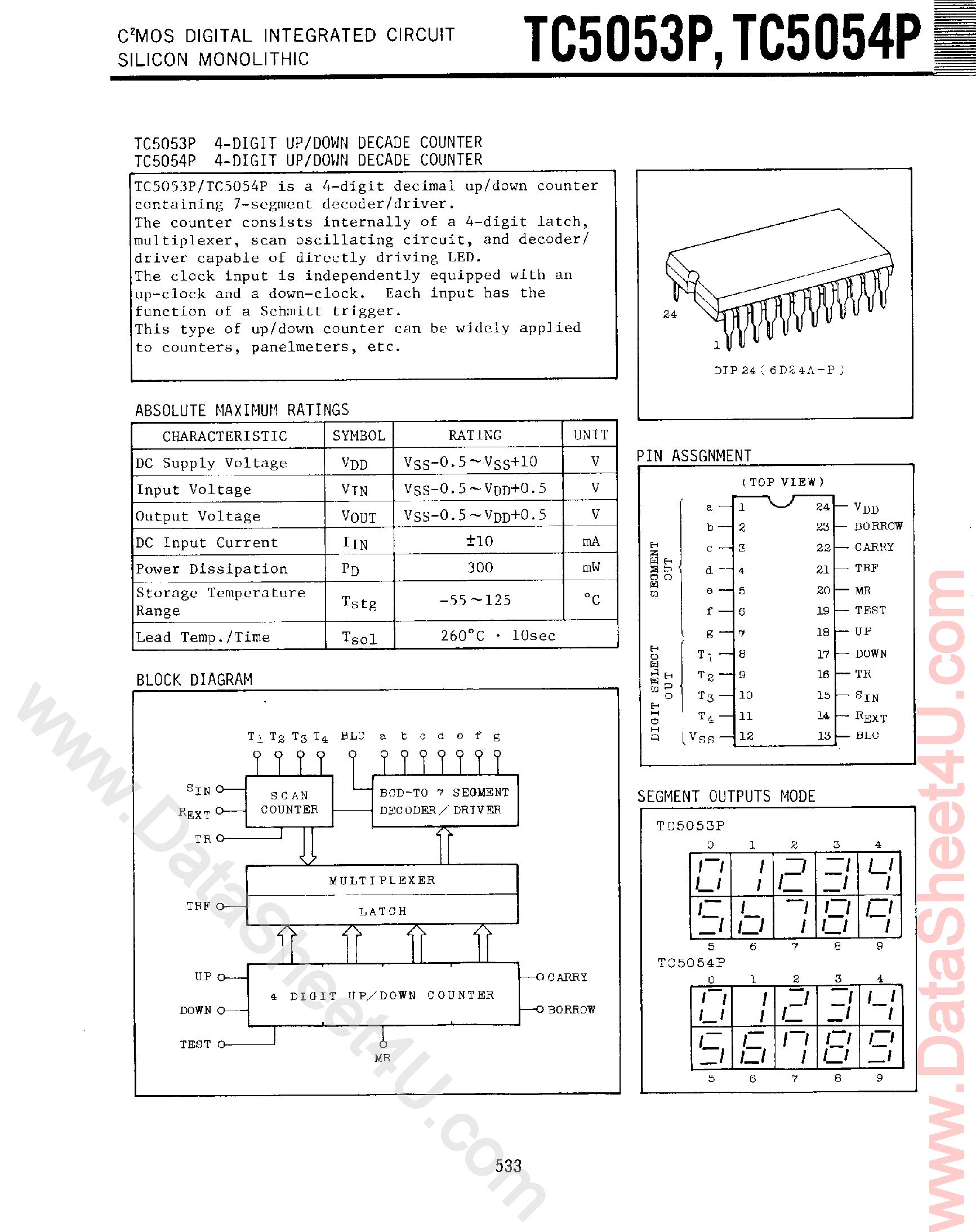 Datasheet TC5053P - (TC5053P / TC5054P) 4 Digital Up/Down Decade Counter page 1