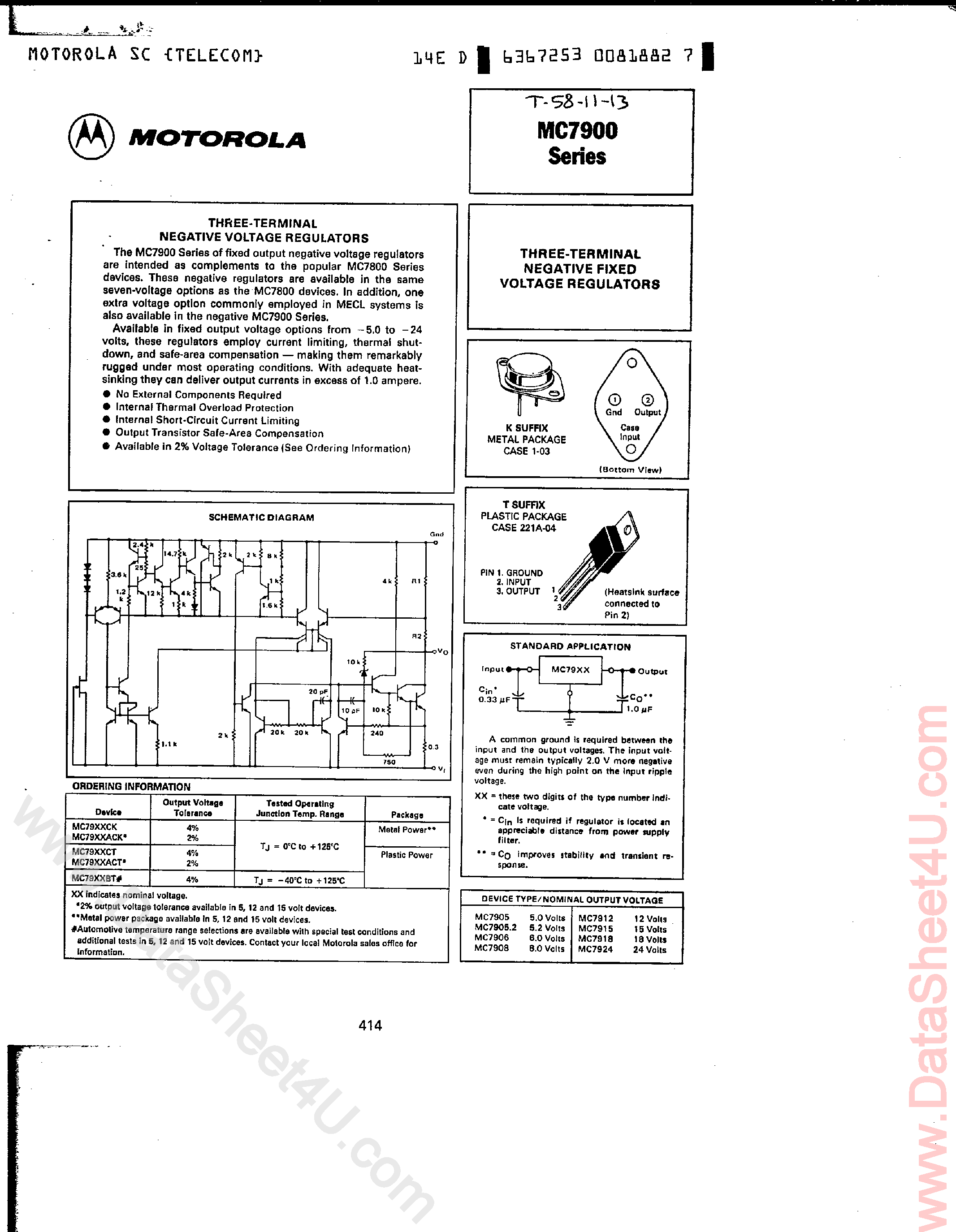 Даташит MC7905 - MC7900 Series / 3-Terminal Negative Fixed Voltage Regulators страница 1
