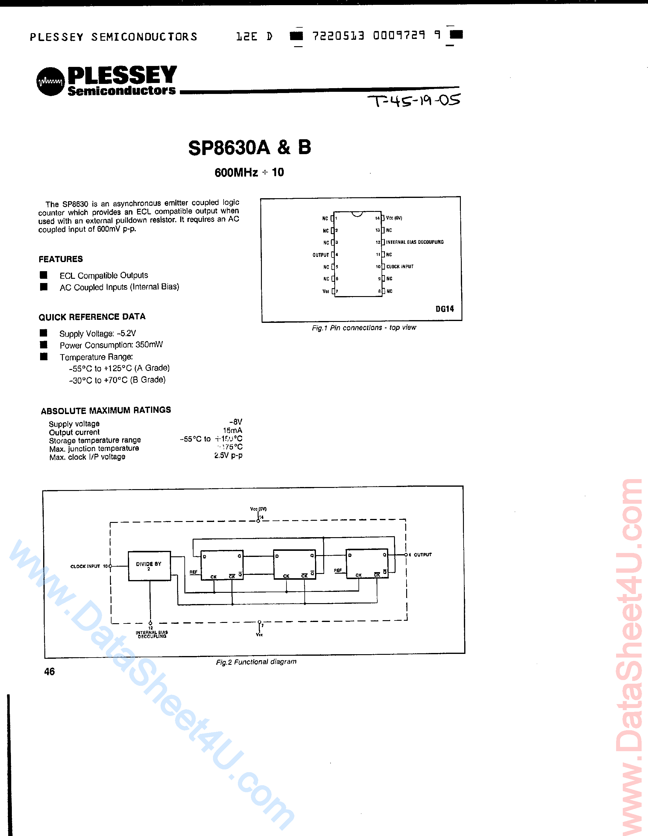 Даташит SP8630A - (SP8630A/B) Prescaler / 600MHz/10 страница 1